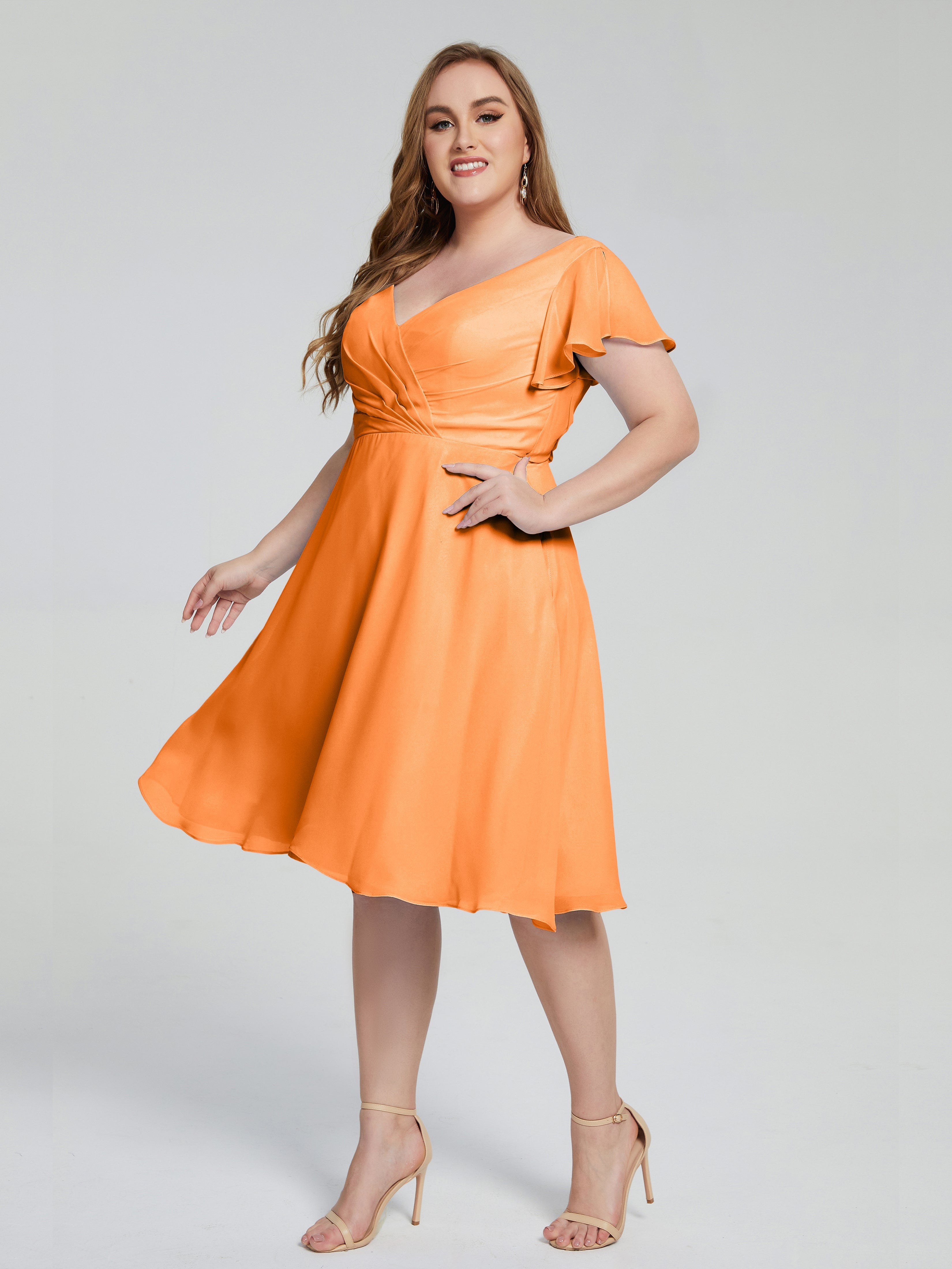 Robe Mousseline Orange Longueur Genou Manches Courtes Mousseline Robes Demoiselle D'Honneur Grande Taille