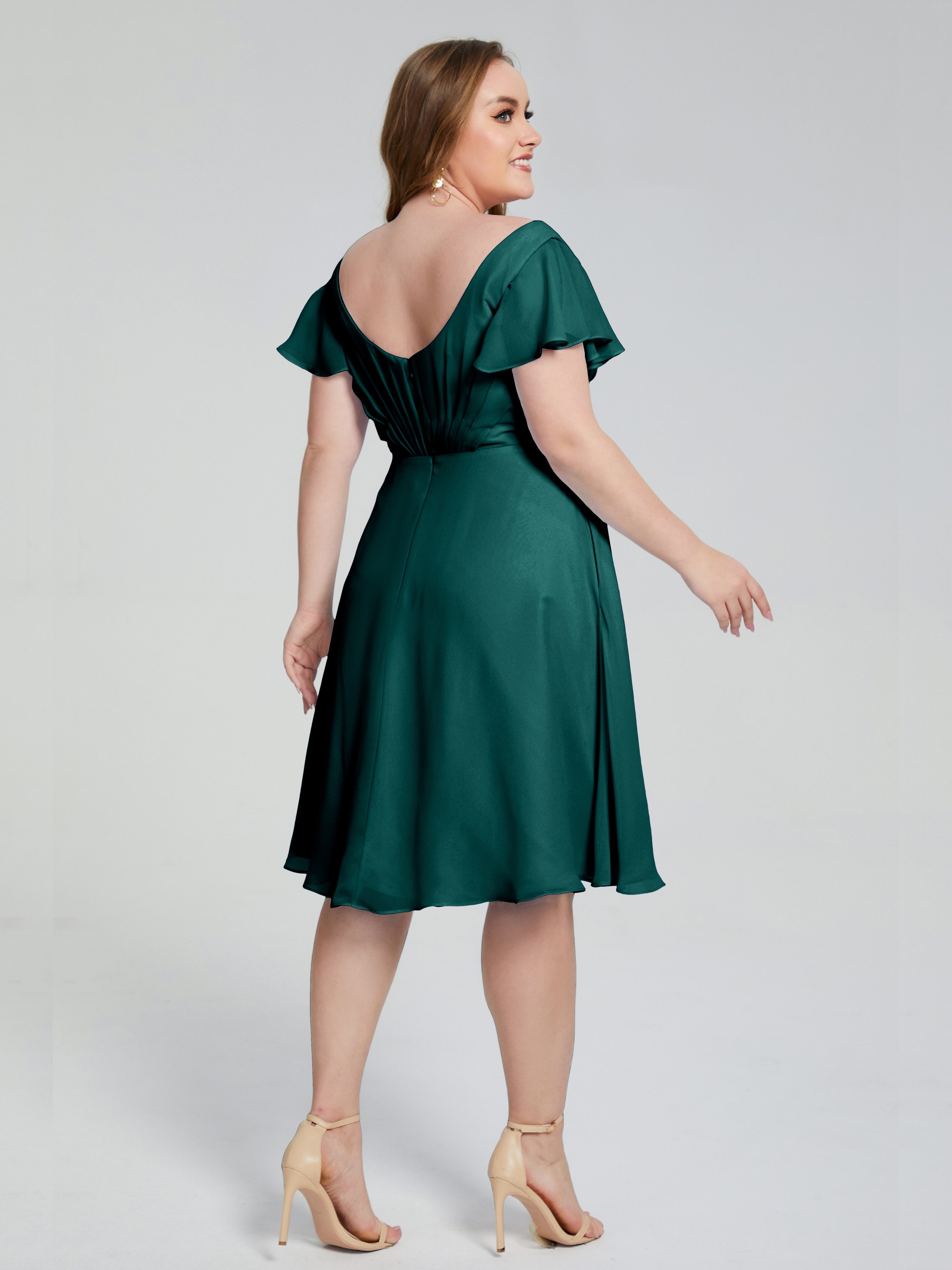 Demoiselles D'Honneur De Paon Longueur Genou Manches Courtes Mousseline Robes Demoiselle D'Honneur Grande Taille