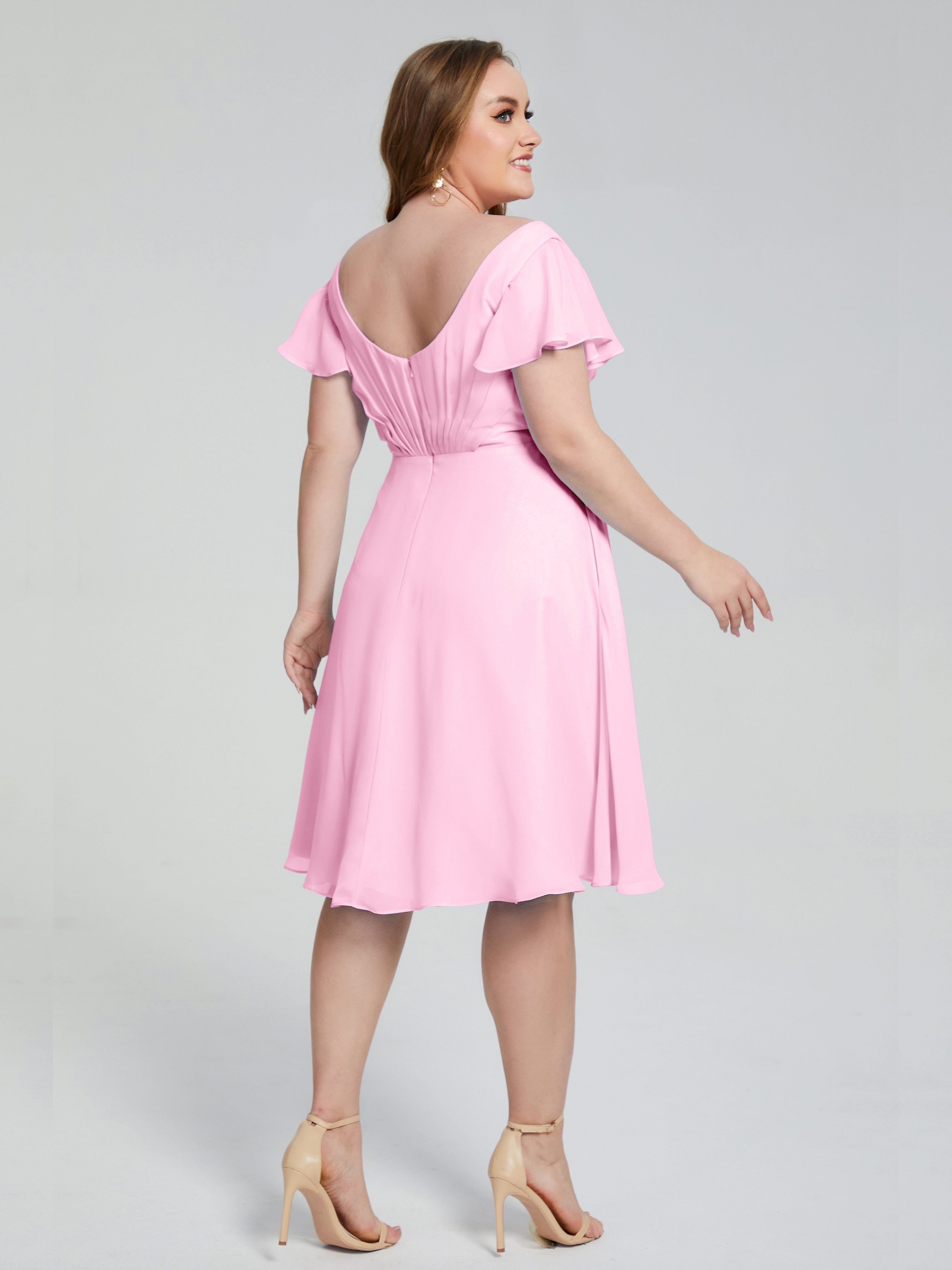 Robes De Demoiselle D'Honneur Rose Bonbon Longueur Genou Manches Courtes Mousseline Robes Demoiselle D'Honneur Grande Taille