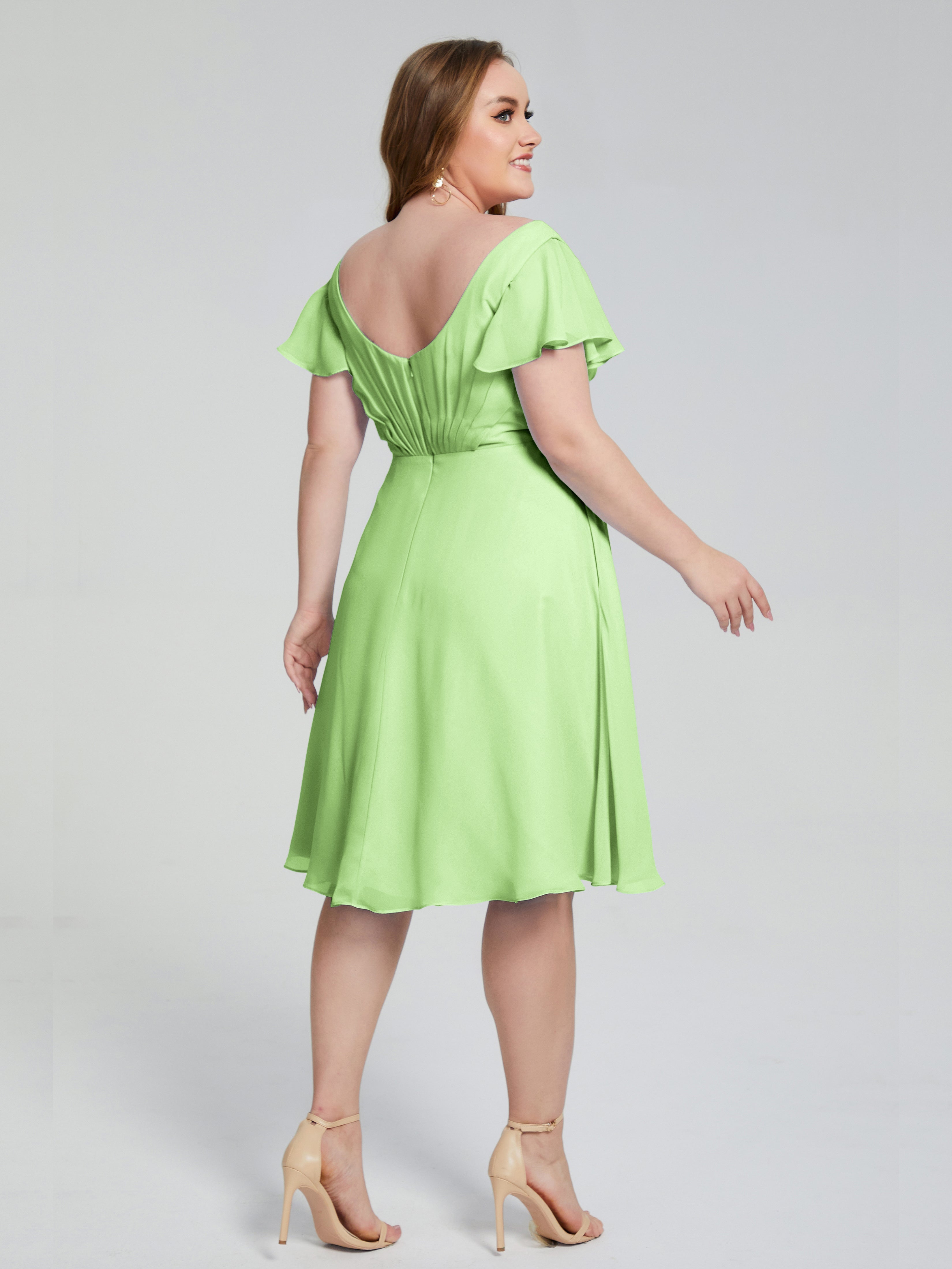 Robe Demoiselle Dhonneur Vert Sauge Longueur Genou Manches Courtes Mousseline Robes Demoiselle D'Honneur Grande Taille