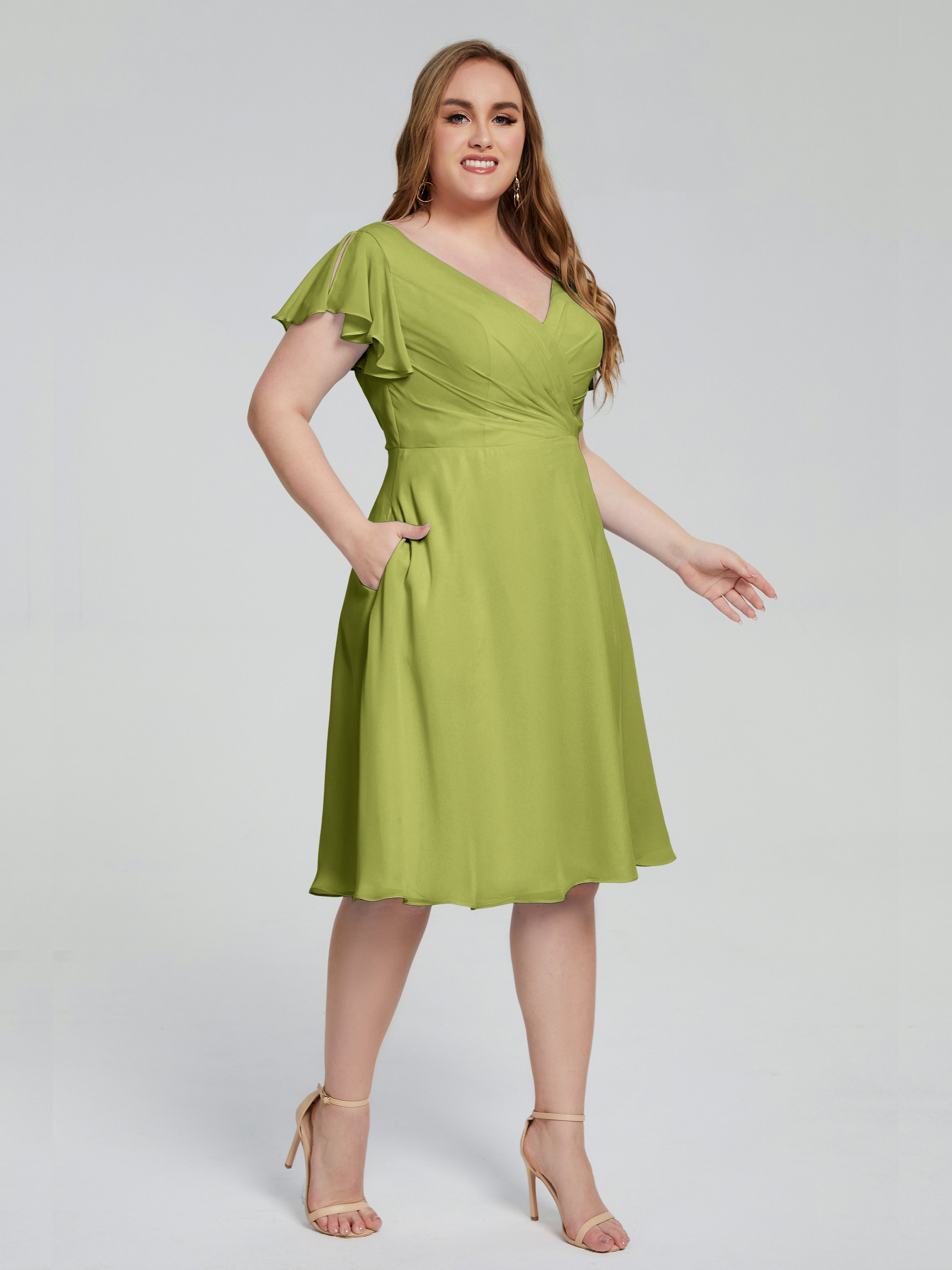 Robes De Demoiselle D'Honneur Trèfle Longueur Genou Manches Courtes Mousseline Robes Demoiselle D'Honneur Grande Taille