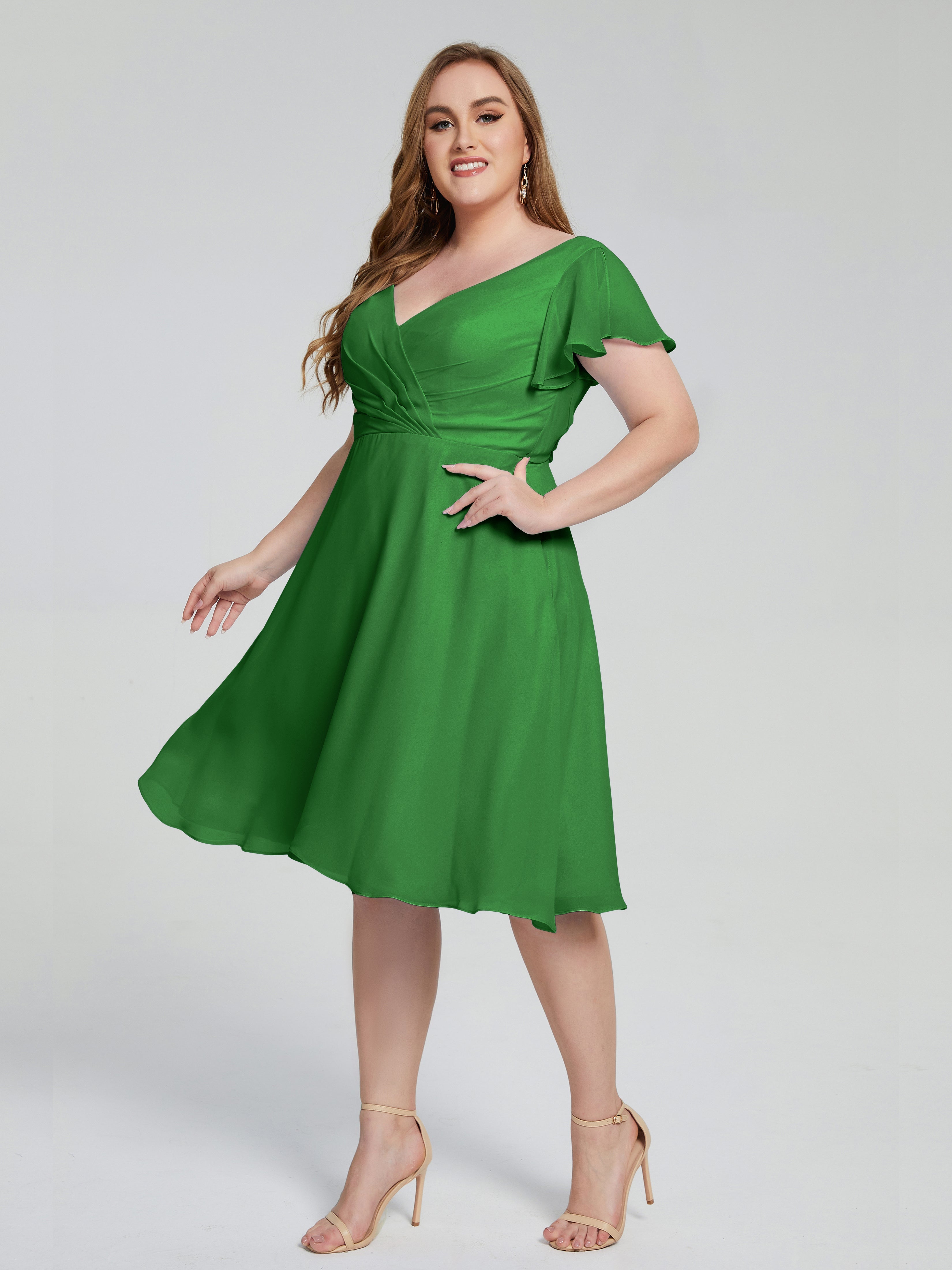 Robe Vert Demoiselle D Honneur Longueur Genou Manches Courtes Mousseline Robes Demoiselle D'Honneur Grande Taille