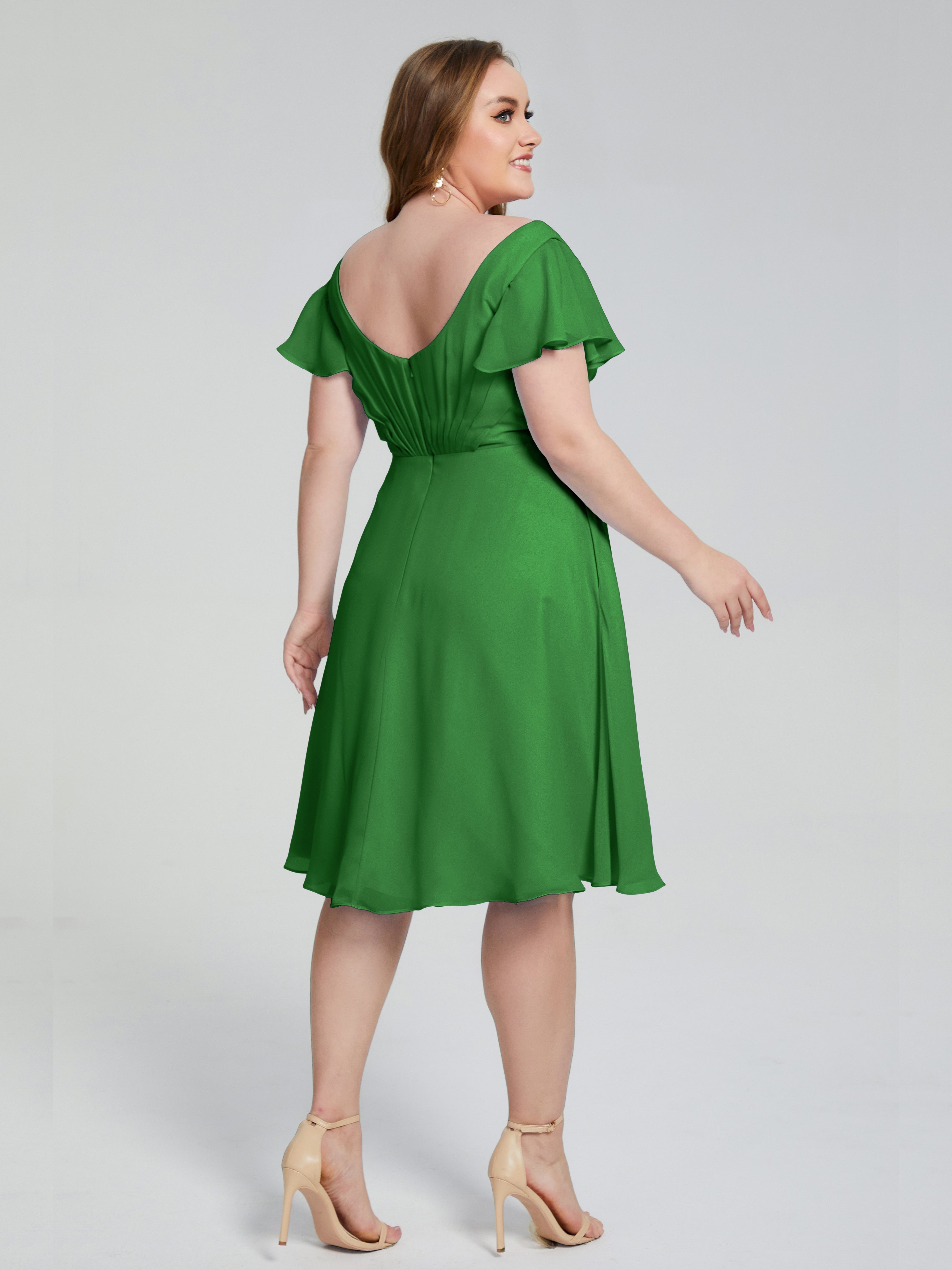 Robe Vert Demoiselle D Honneur Longueur Genou Manches Courtes Mousseline Robes Demoiselle D'Honneur Grande Taille