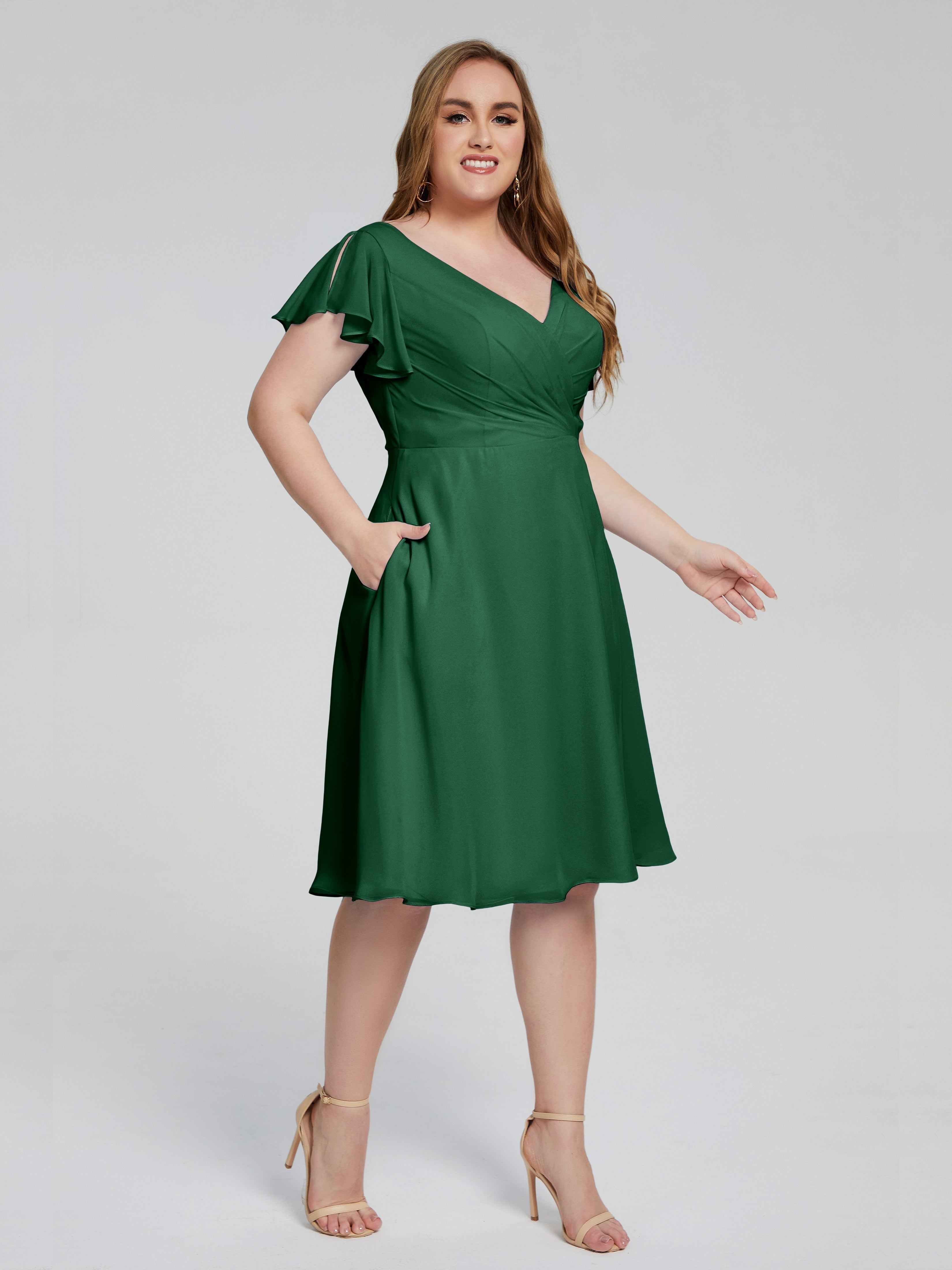 Robes De Demoiselle D'Honneur Vert Foncé Longueur Genou Manches Courtes Mousseline Robes Demoiselle D'Honneur Grande Taille