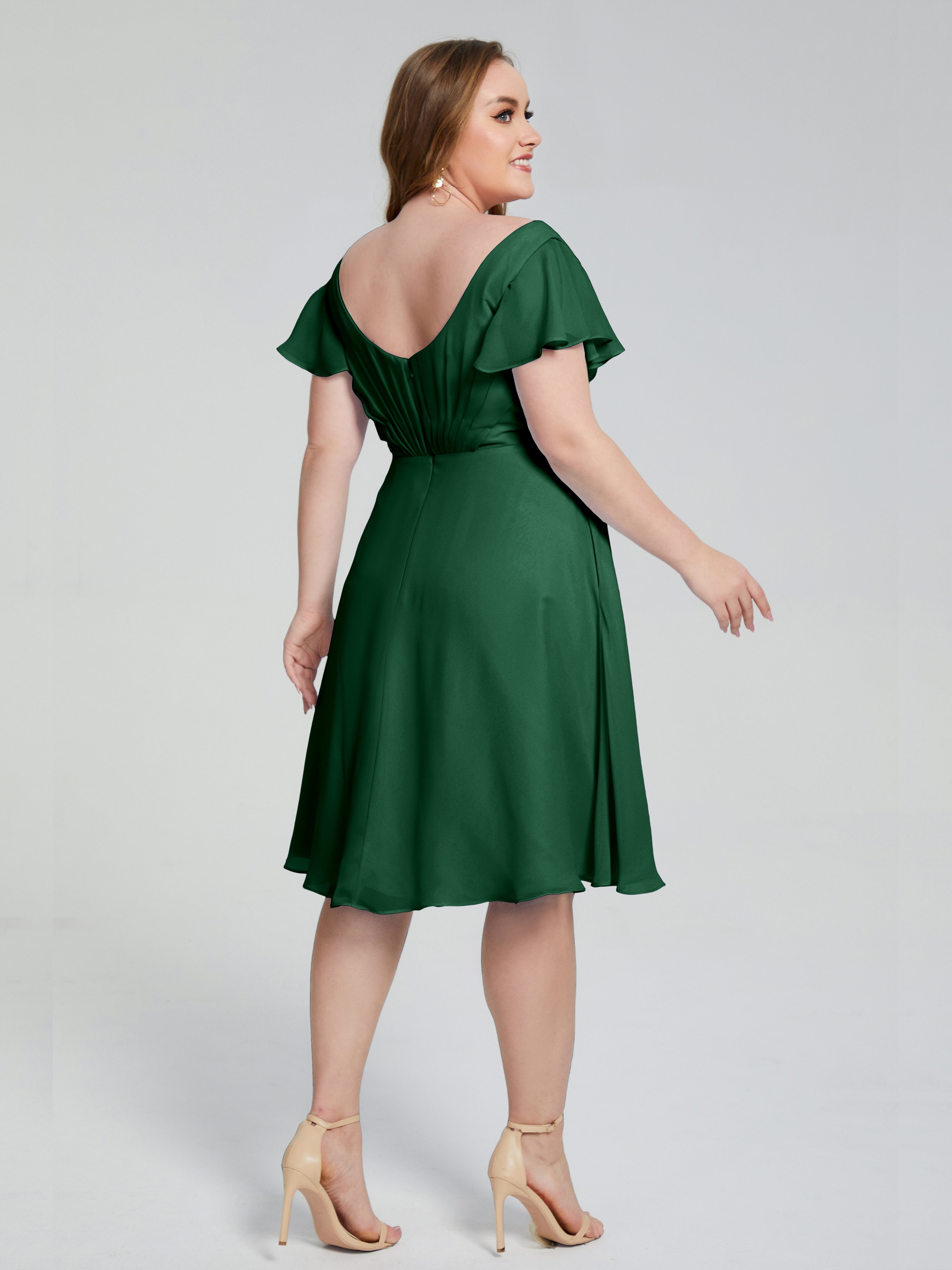 Robes De Demoiselle D'Honneur Vert Foncé Longueur Genou Manches Courtes Mousseline Robes Demoiselle D'Honneur Grande Taille