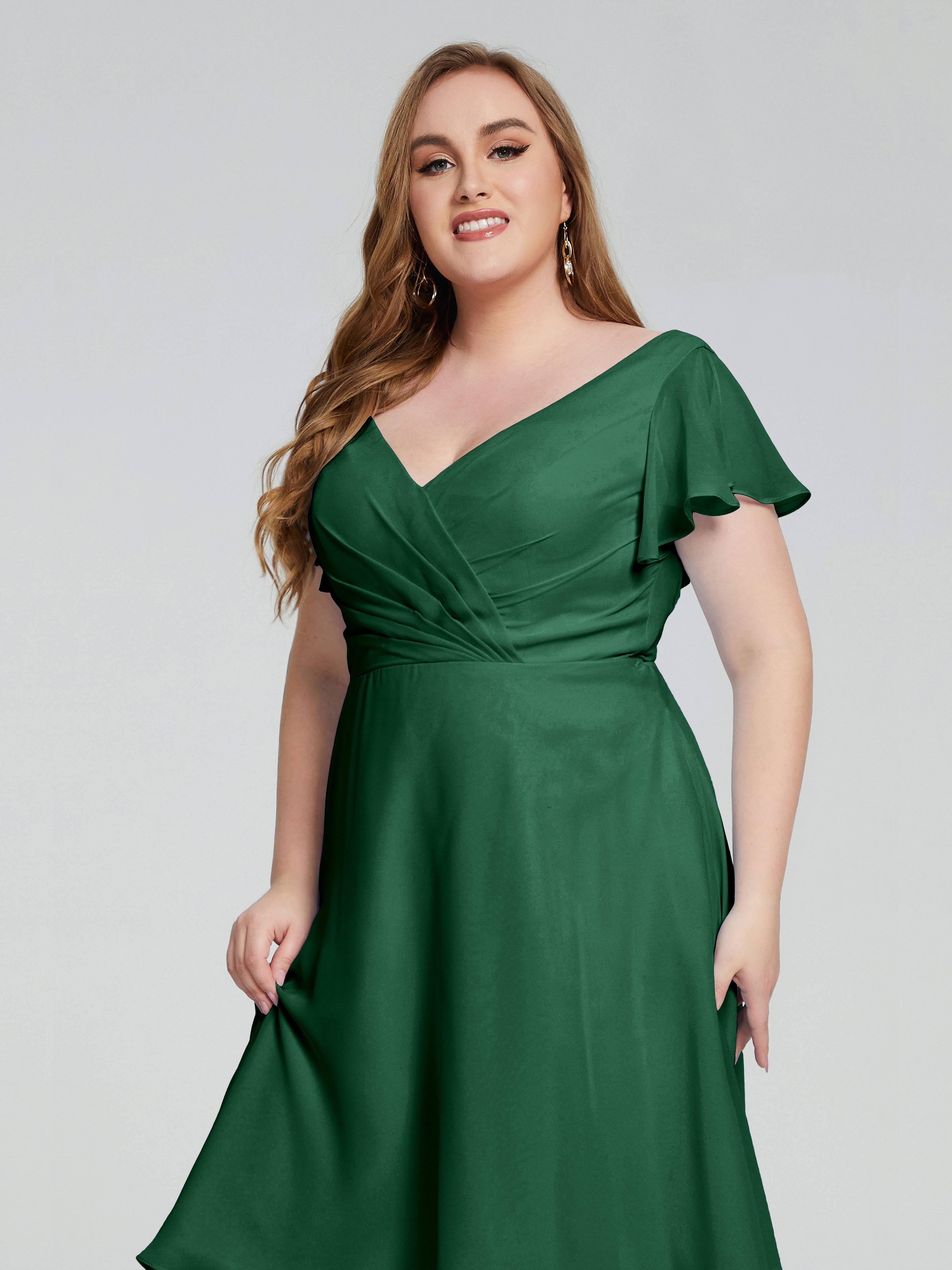 Robes De Demoiselle D'Honneur Vert Foncé Longueur Genou Manches Courtes Mousseline Robes Demoiselle D'Honneur Grande Taille