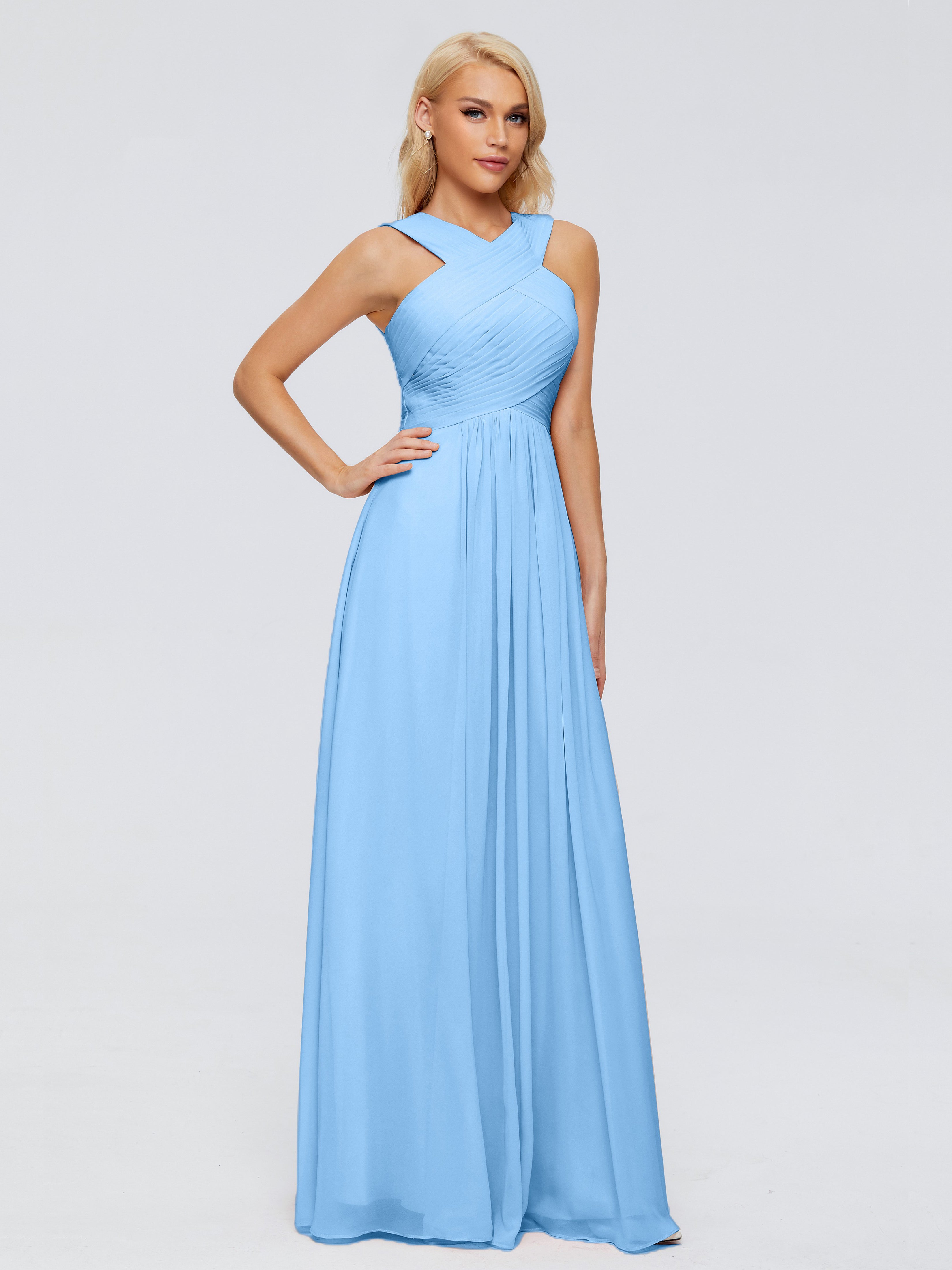 Robe Bleu Mariage Demoiselle D Honneur Trapèze Bretelle Mousseline Robes Demoiselle D'Honneur