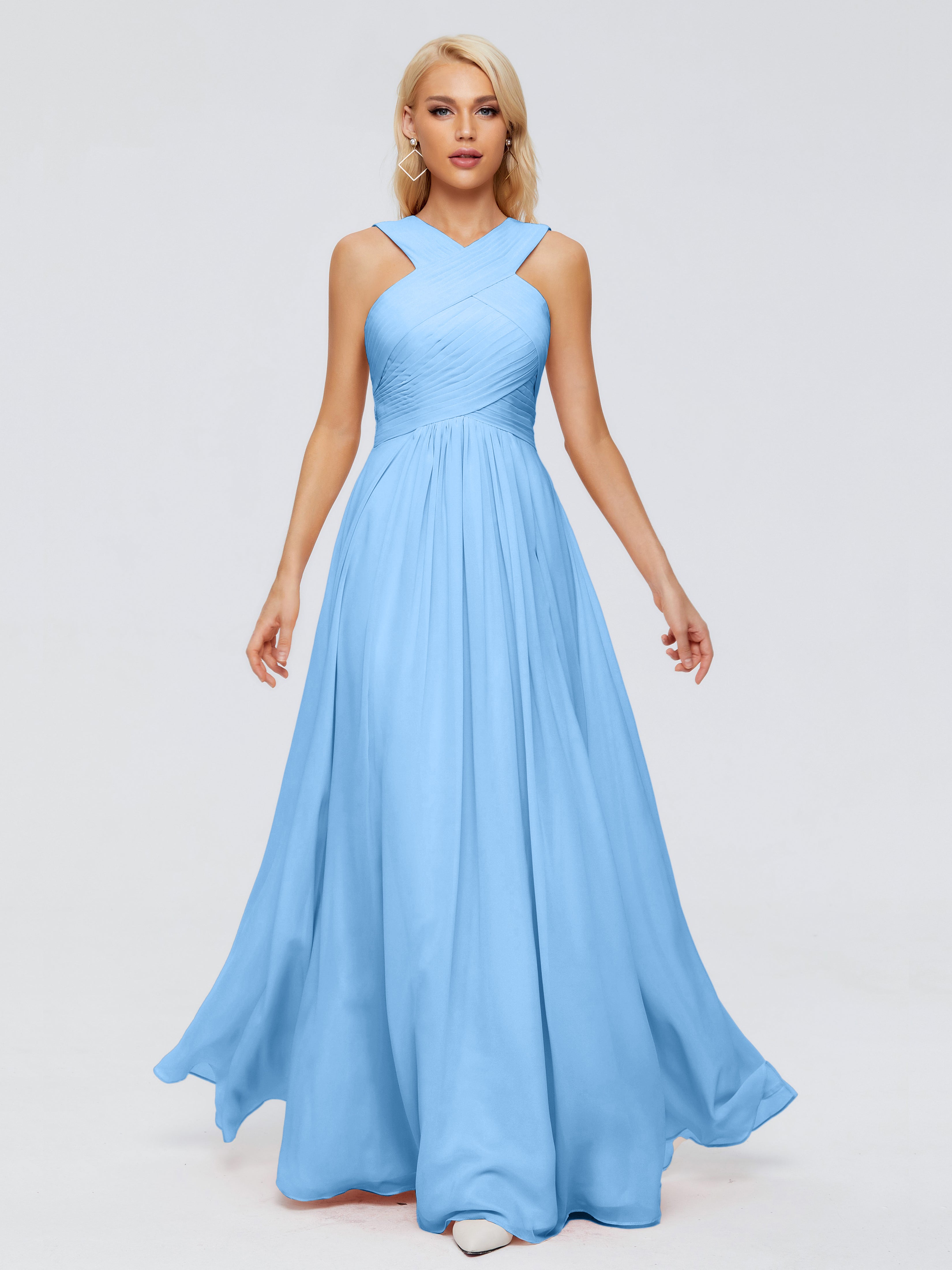 Robe Bleu Mariage Demoiselle D Honneur Trapèze Bretelle Mousseline Robes Demoiselle D'Honneur