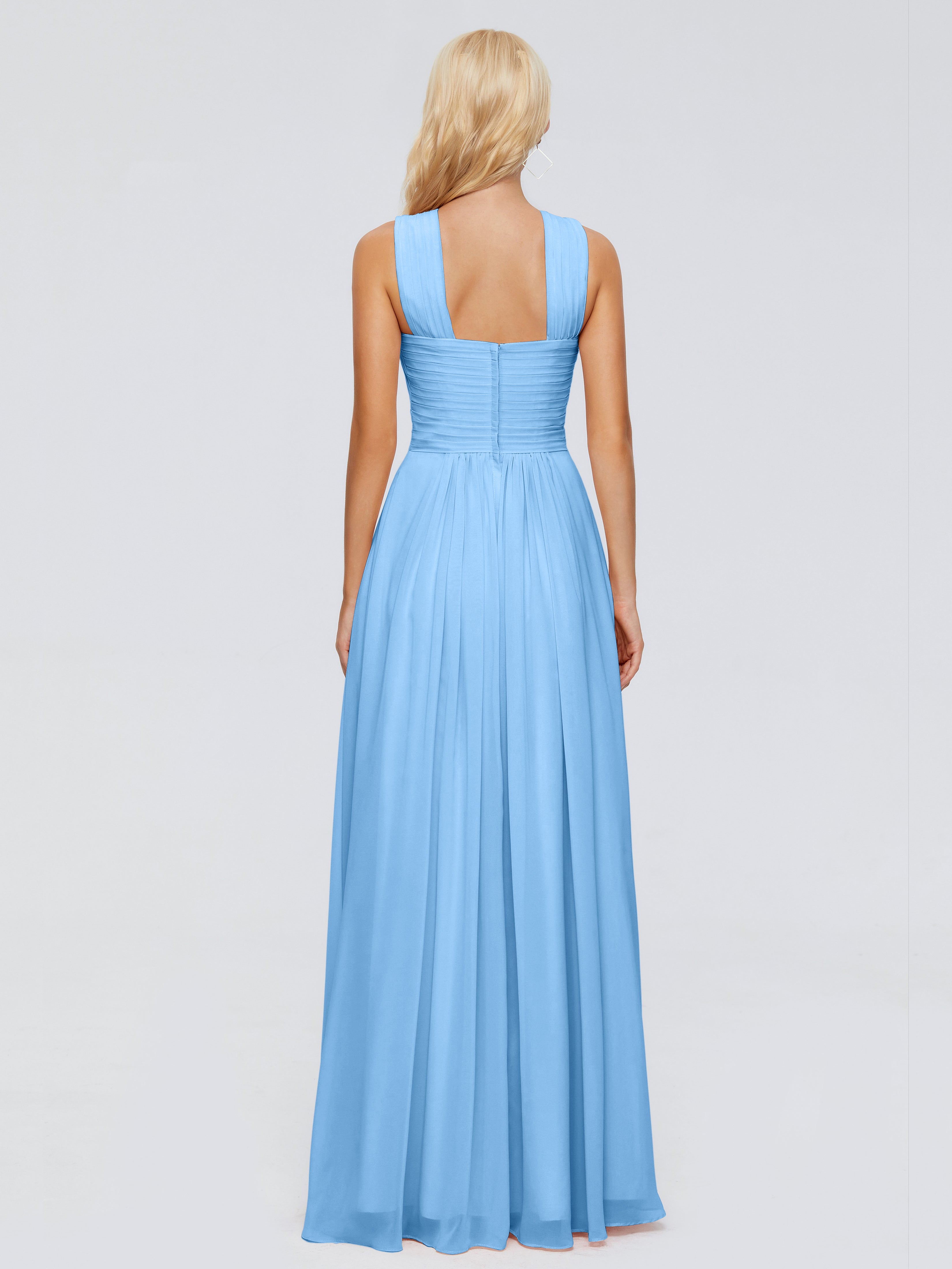Robe Bleu Mariage Demoiselle D Honneur Trapèze Bretelle Mousseline Robes Demoiselle D'Honneur