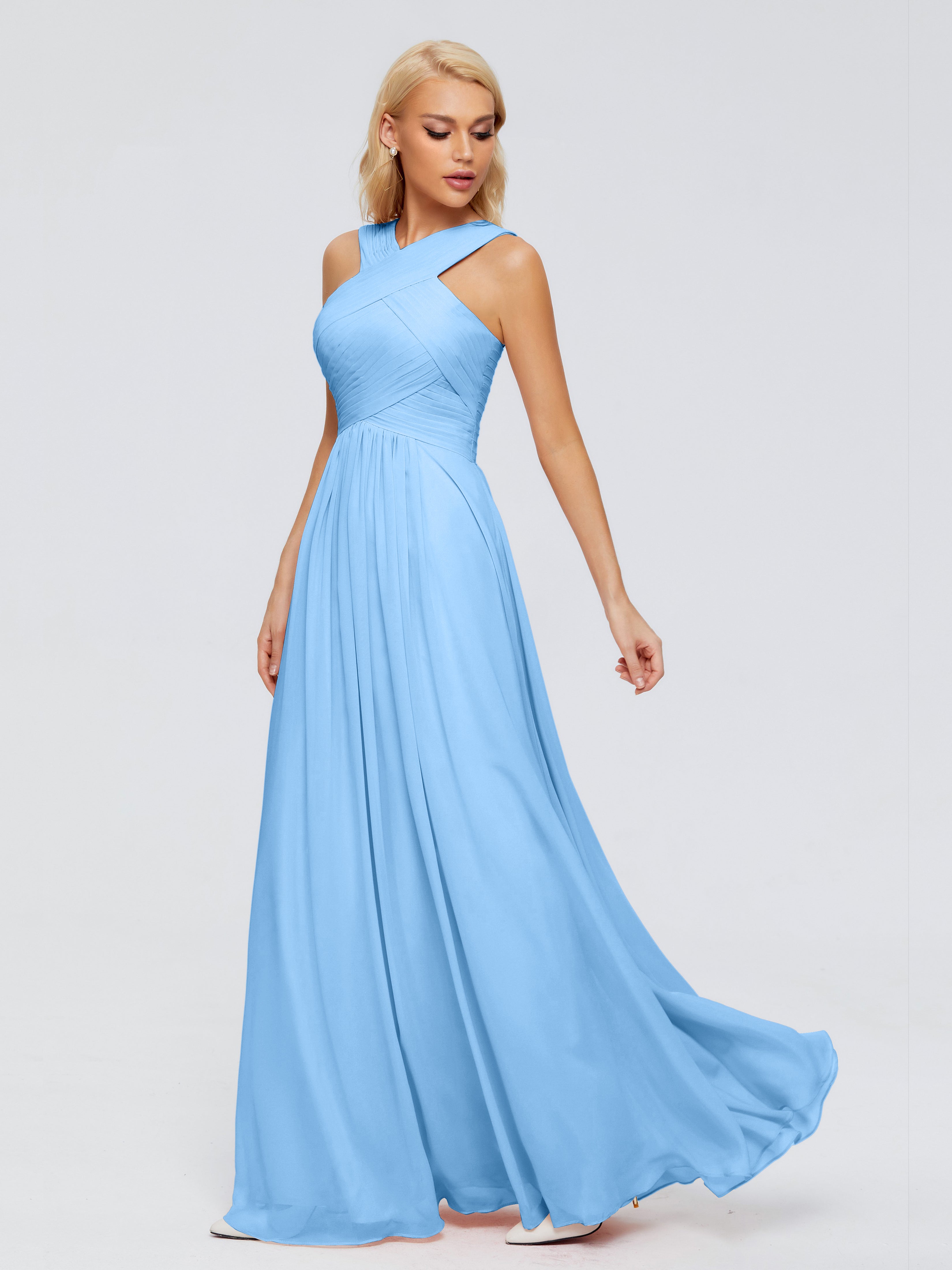 Robe Bleu Mariage Demoiselle D Honneur Trapèze Bretelle Mousseline Robes Demoiselle D'Honneur