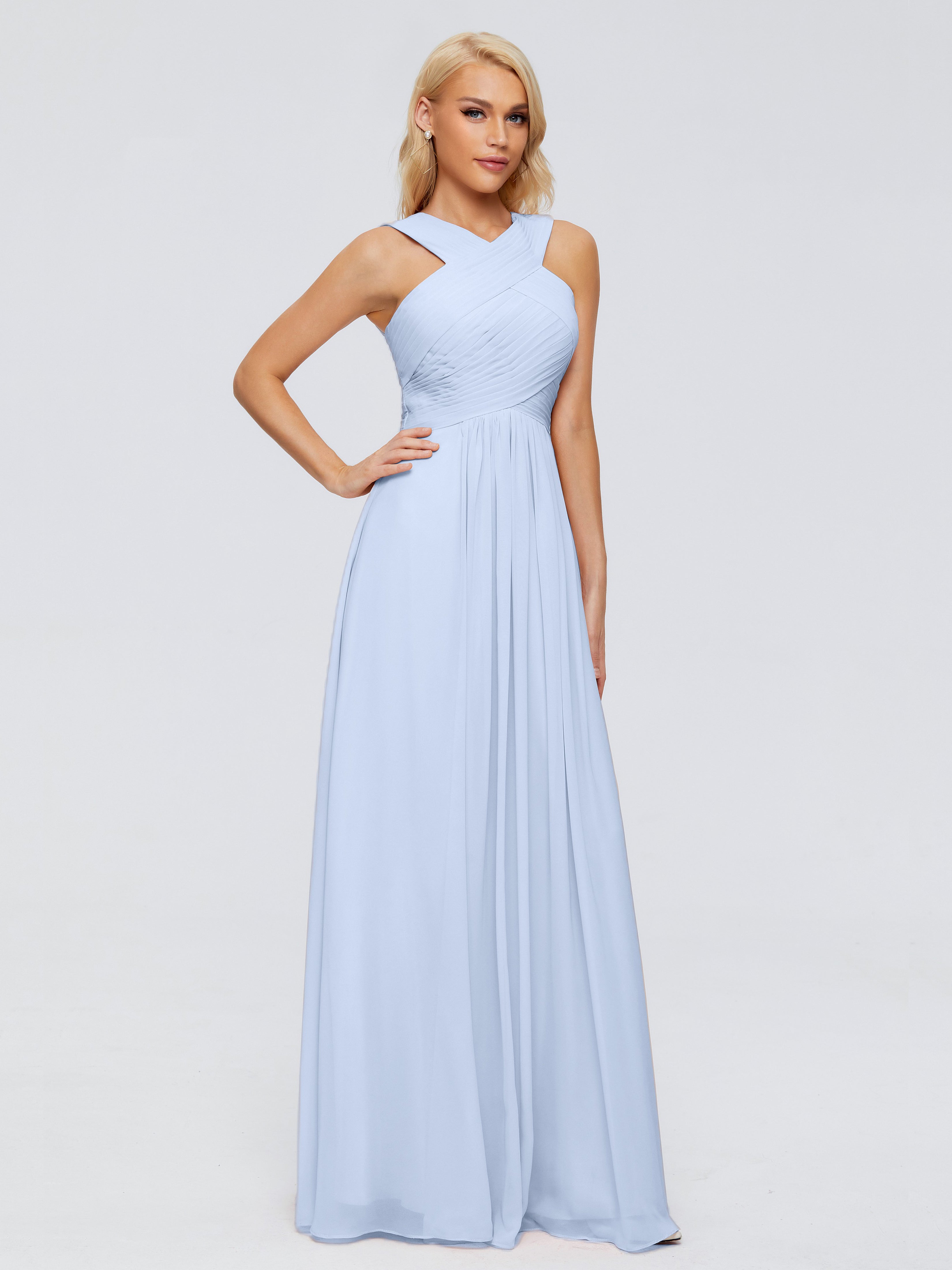 Robe Bleu Ciel Demoiselle D Honneur Trapèze Bretelle Mousseline Robes Demoiselle D'Honneur