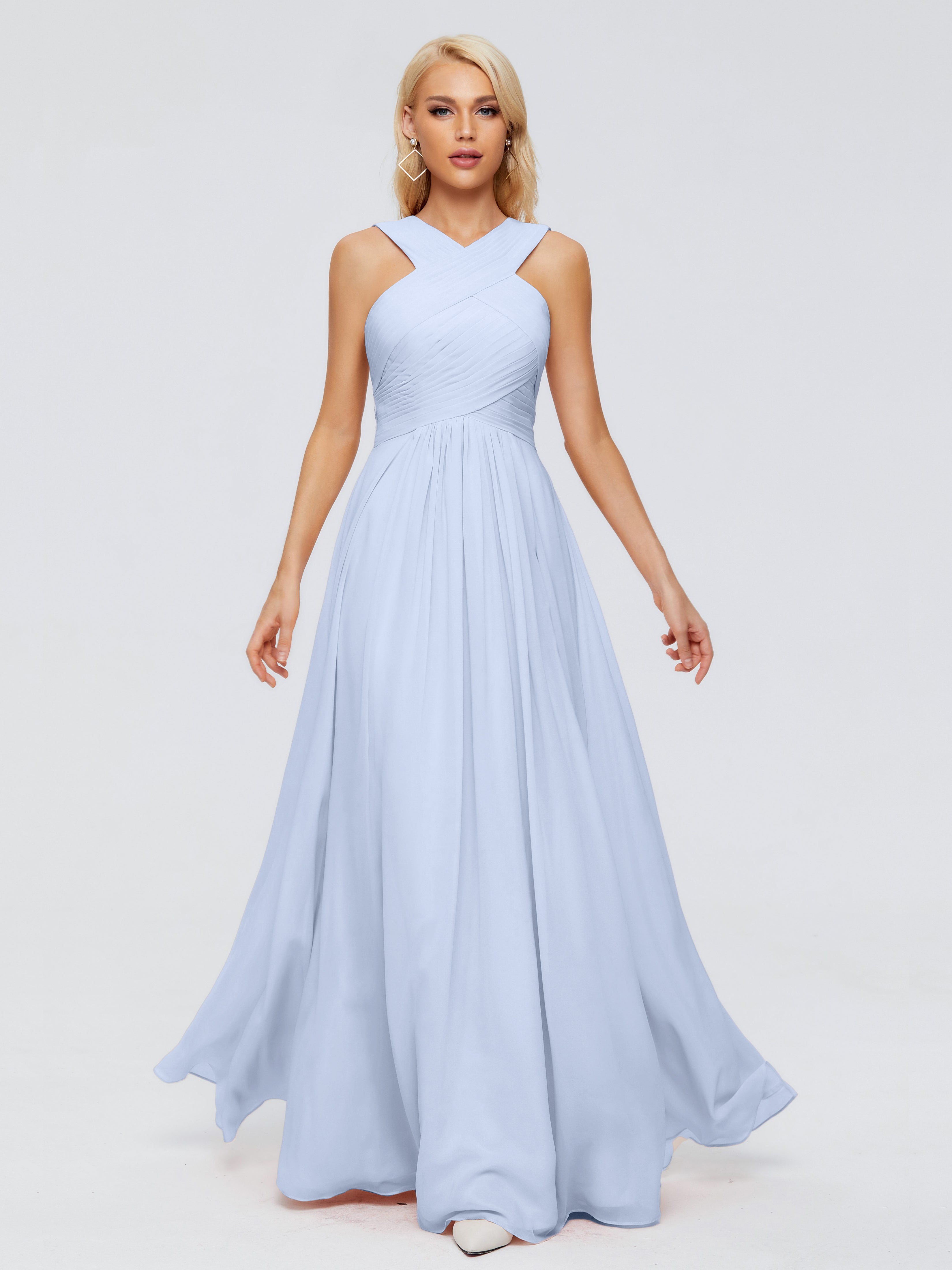 Robe Bleu Ciel Demoiselle D Honneur Trapèze Bretelle Mousseline Robes Demoiselle D'Honneur