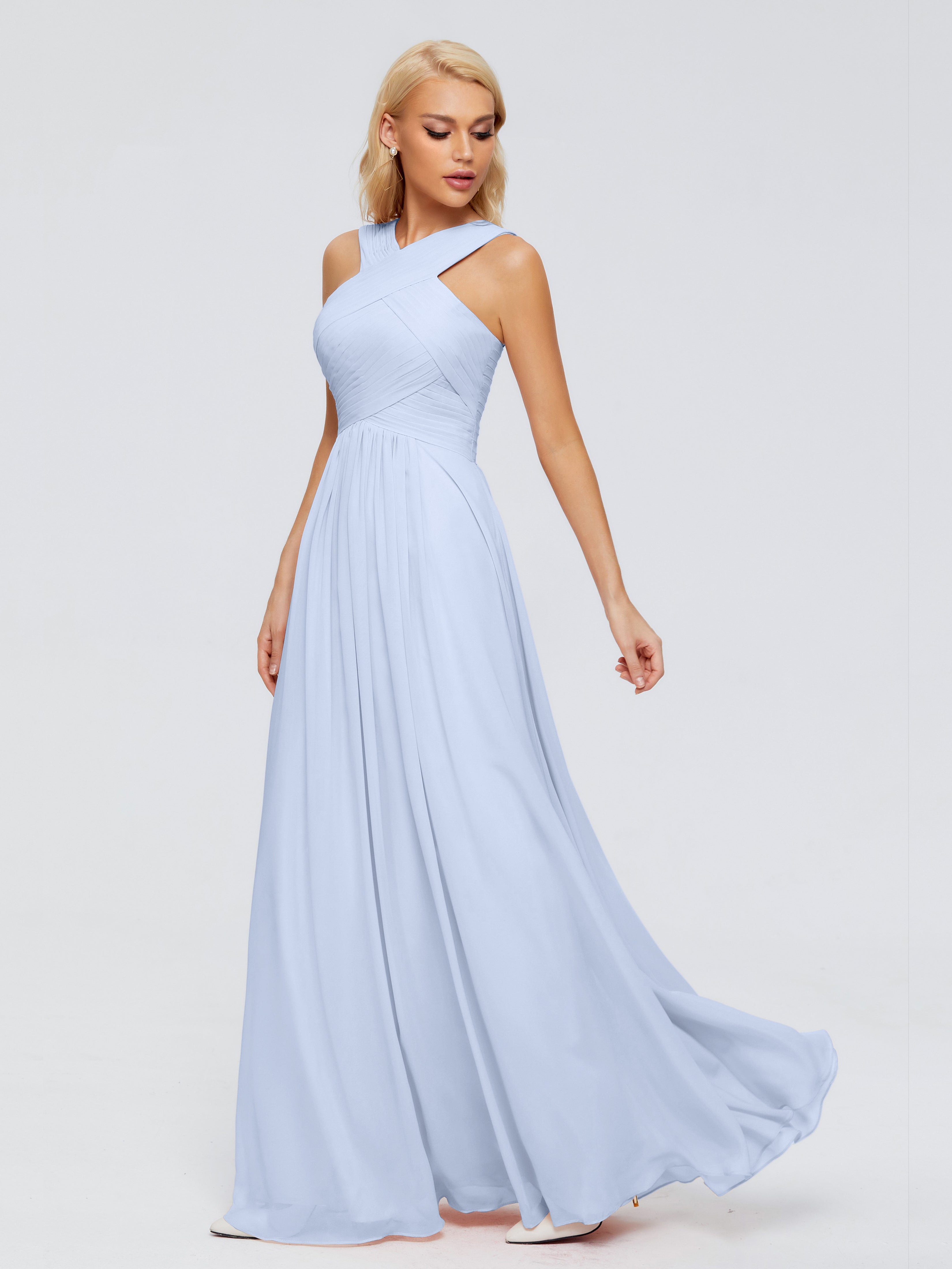 Robe Bleu Ciel Demoiselle D Honneur Trapèze Bretelle Mousseline Robes Demoiselle D'Honneur