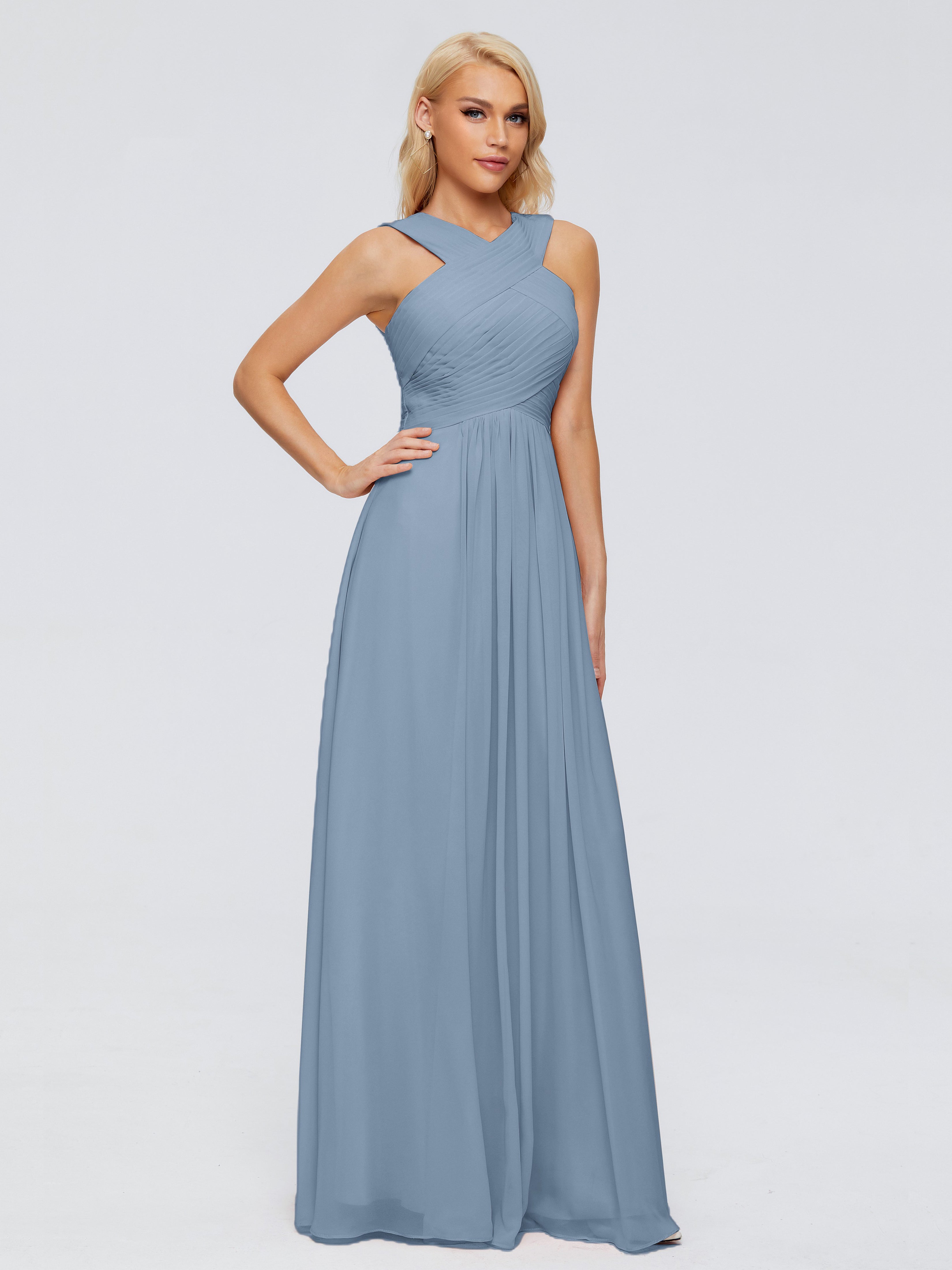 Robes De Demoiselle D'Honneur Bleu De Schiste Trapèze Bretelle Mousseline Robes Demoiselle D'Honneur