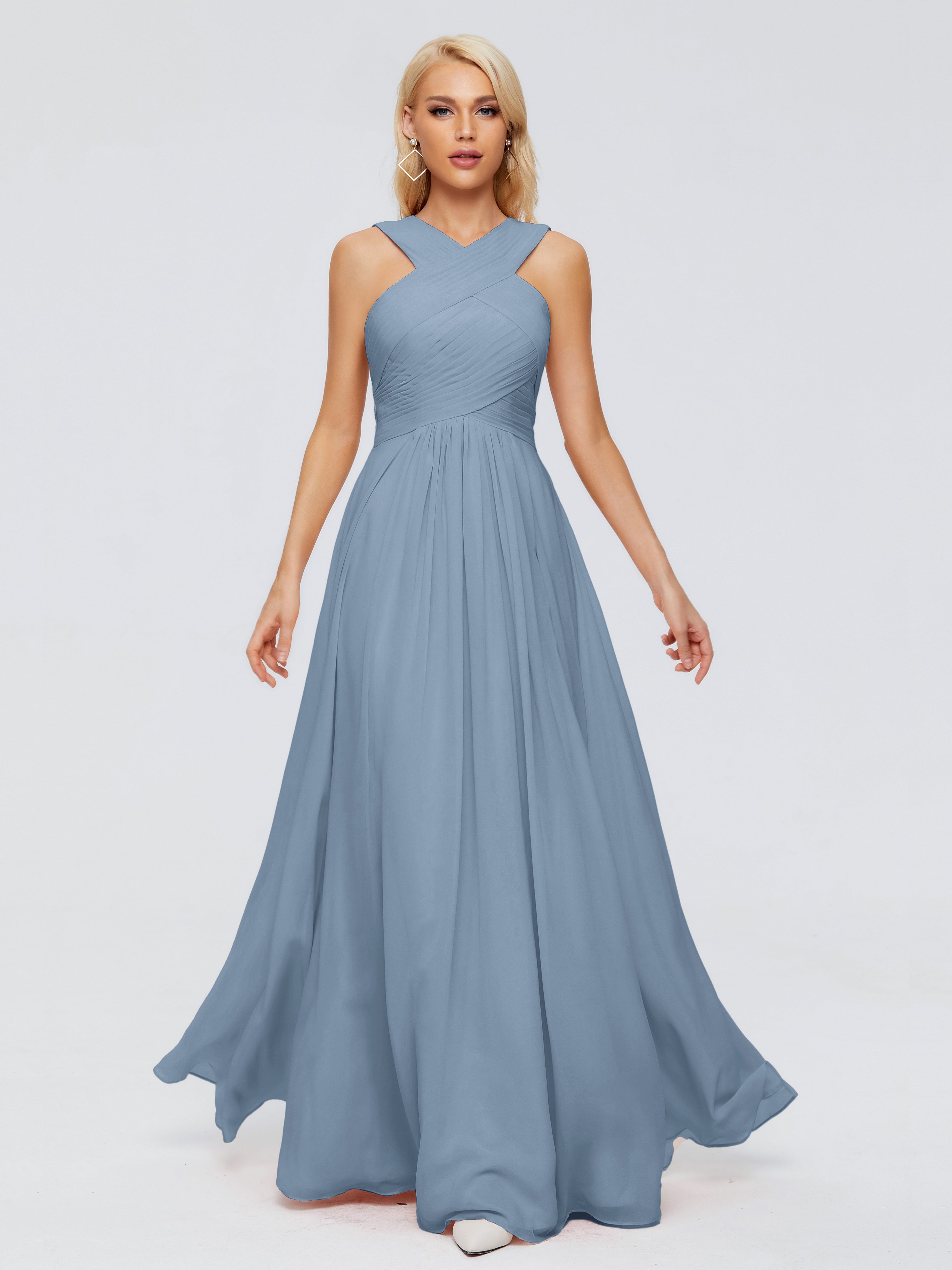 Robes De Demoiselle D'Honneur Bleu De Schiste Trapèze Bretelle Mousseline Robes Demoiselle D'Honneur