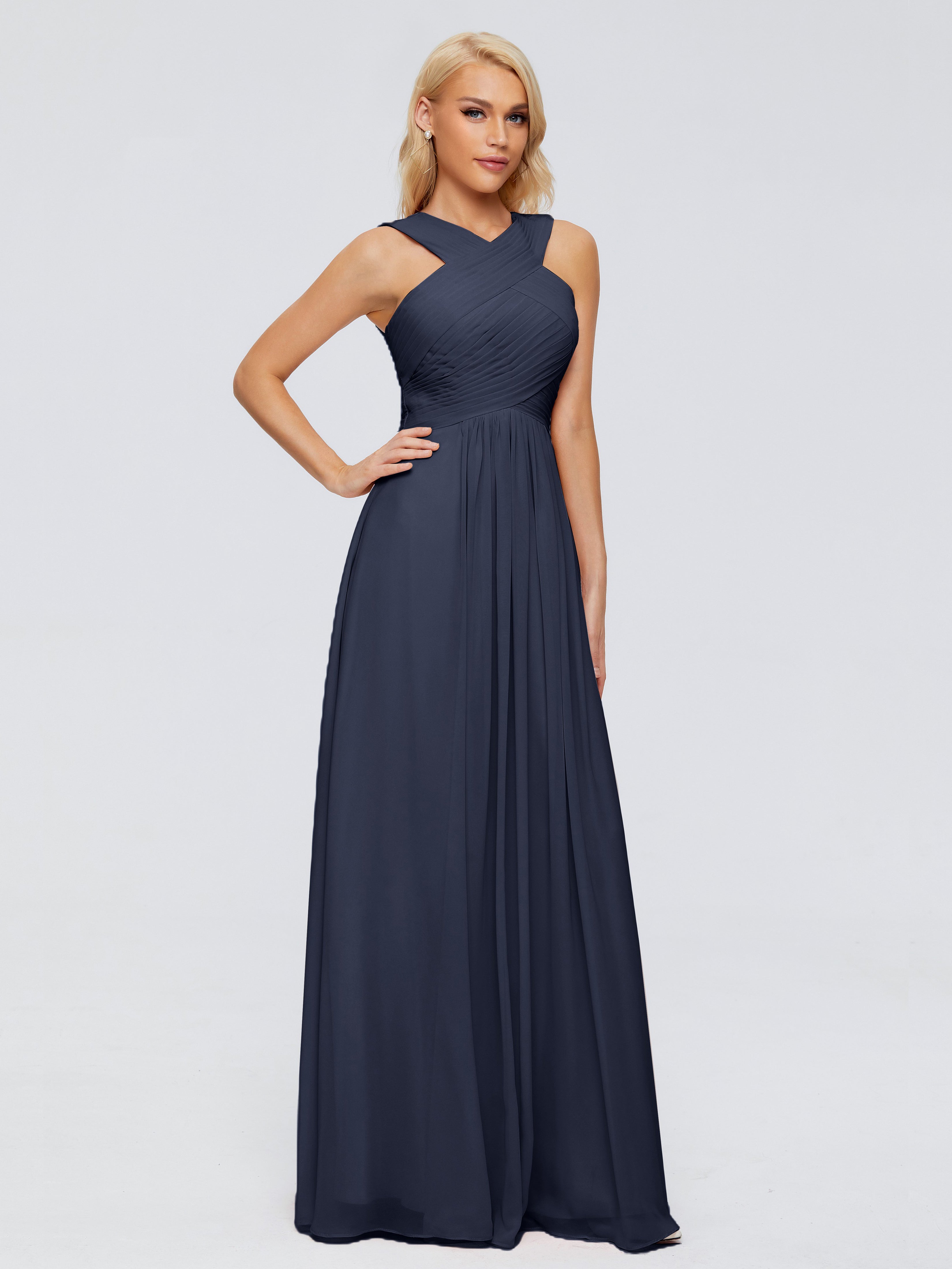 Robe Demoiselle D Honneur Bleu Marine Trapèze Bretelle Mousseline Robes Demoiselle D'Honneur