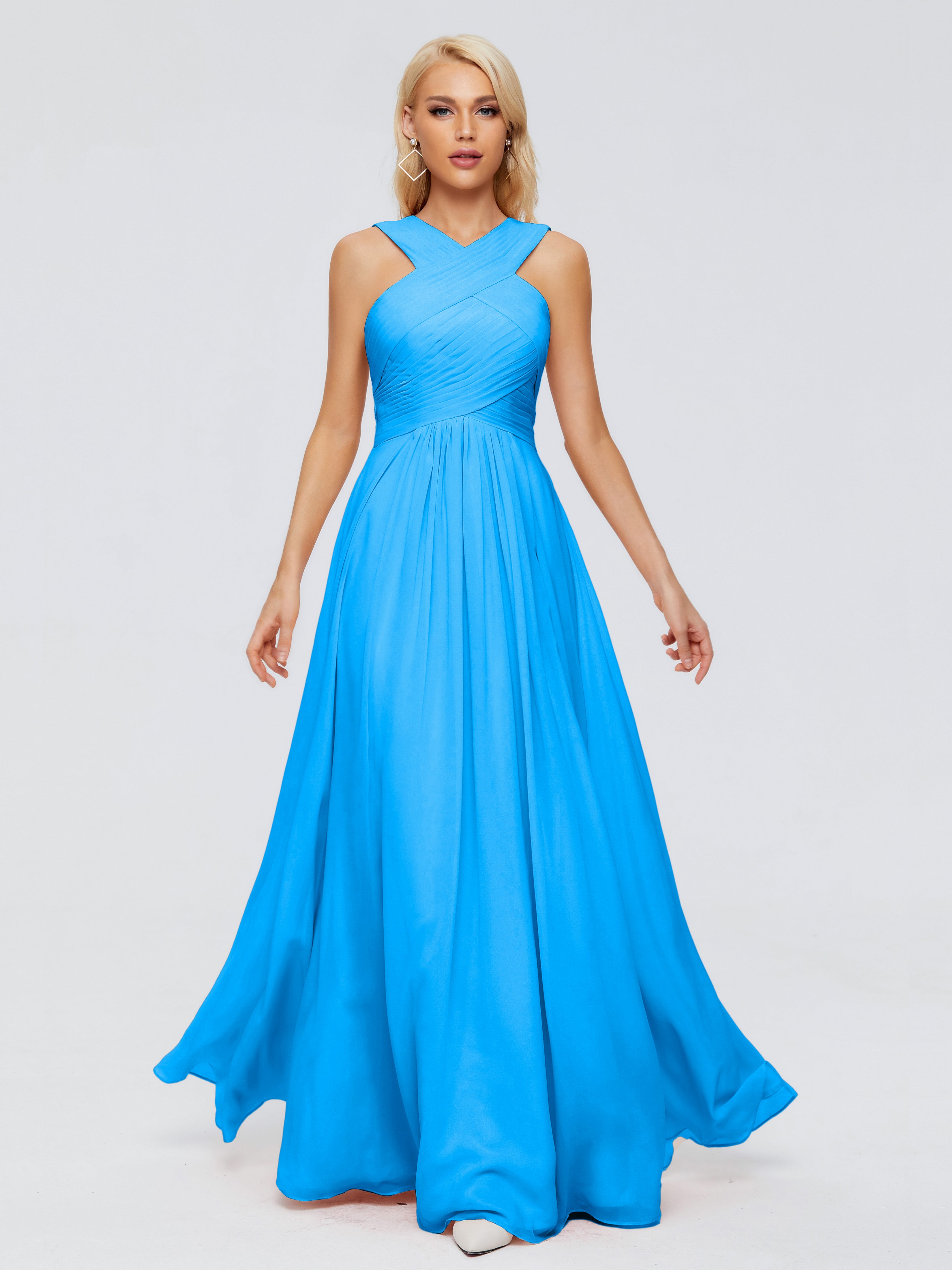Robes De Demoiselle D'Honneur Bleu Océan Trapèze Bretelle Mousseline Robes Demoiselle D'Honneur
