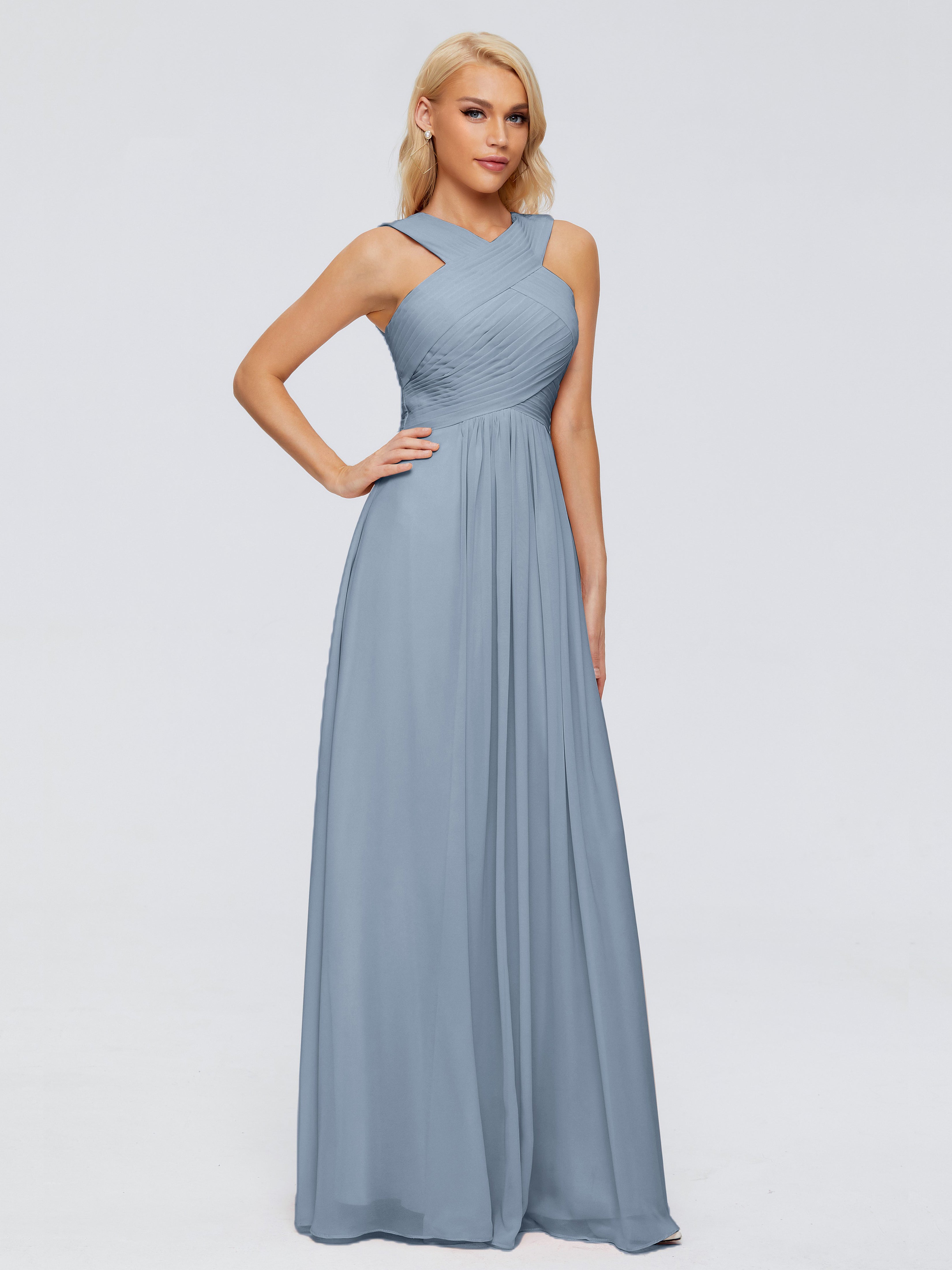 Robes De Demoiselle D'Honneur Bleu Poussiéreux Trapèze Bretelle Mousseline Robes Demoiselle D'Honneur