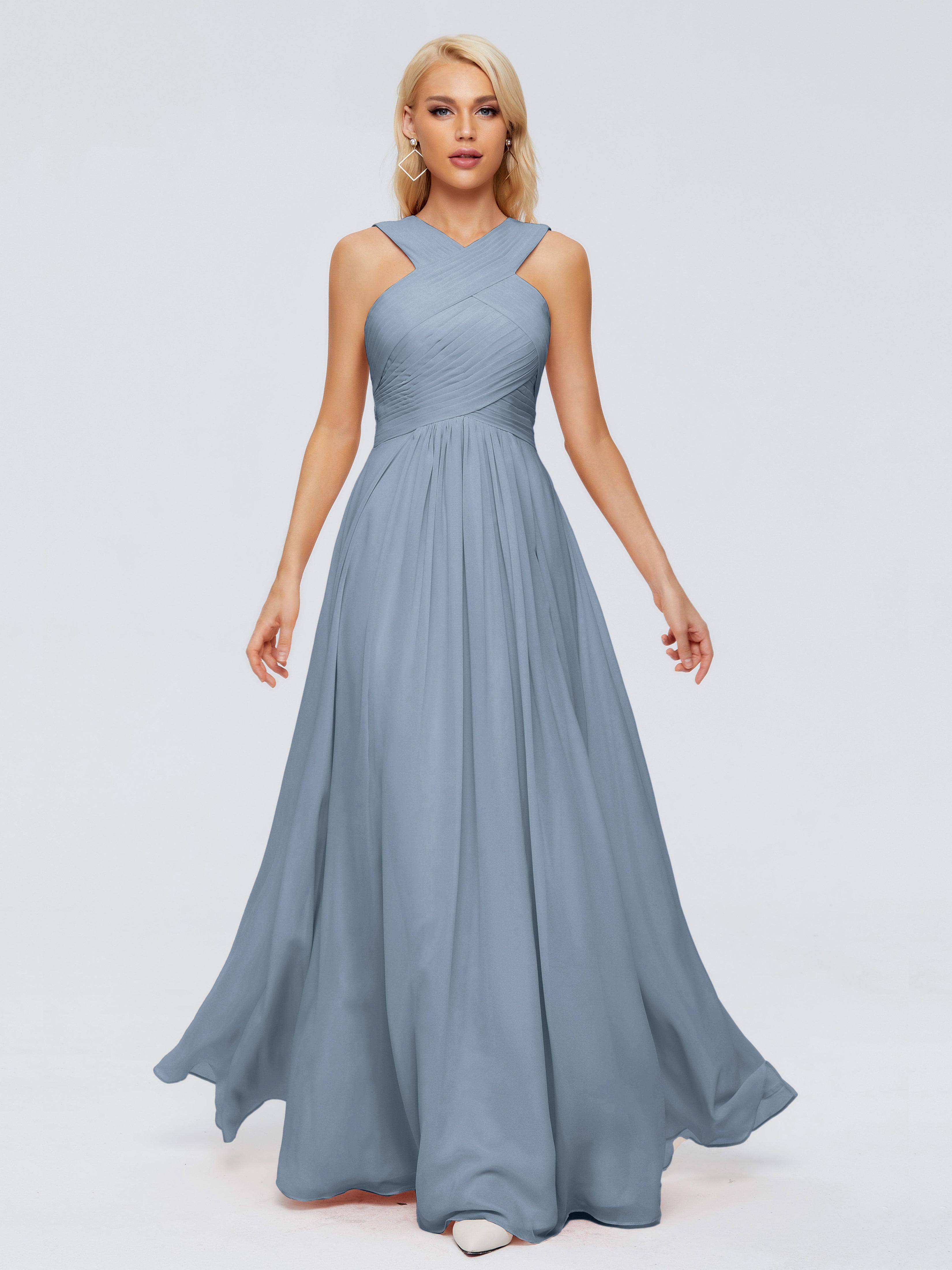 Robes De Demoiselle D'Honneur Bleu Poussiéreux Trapèze Bretelle Mousseline Robes Demoiselle D'Honneur
