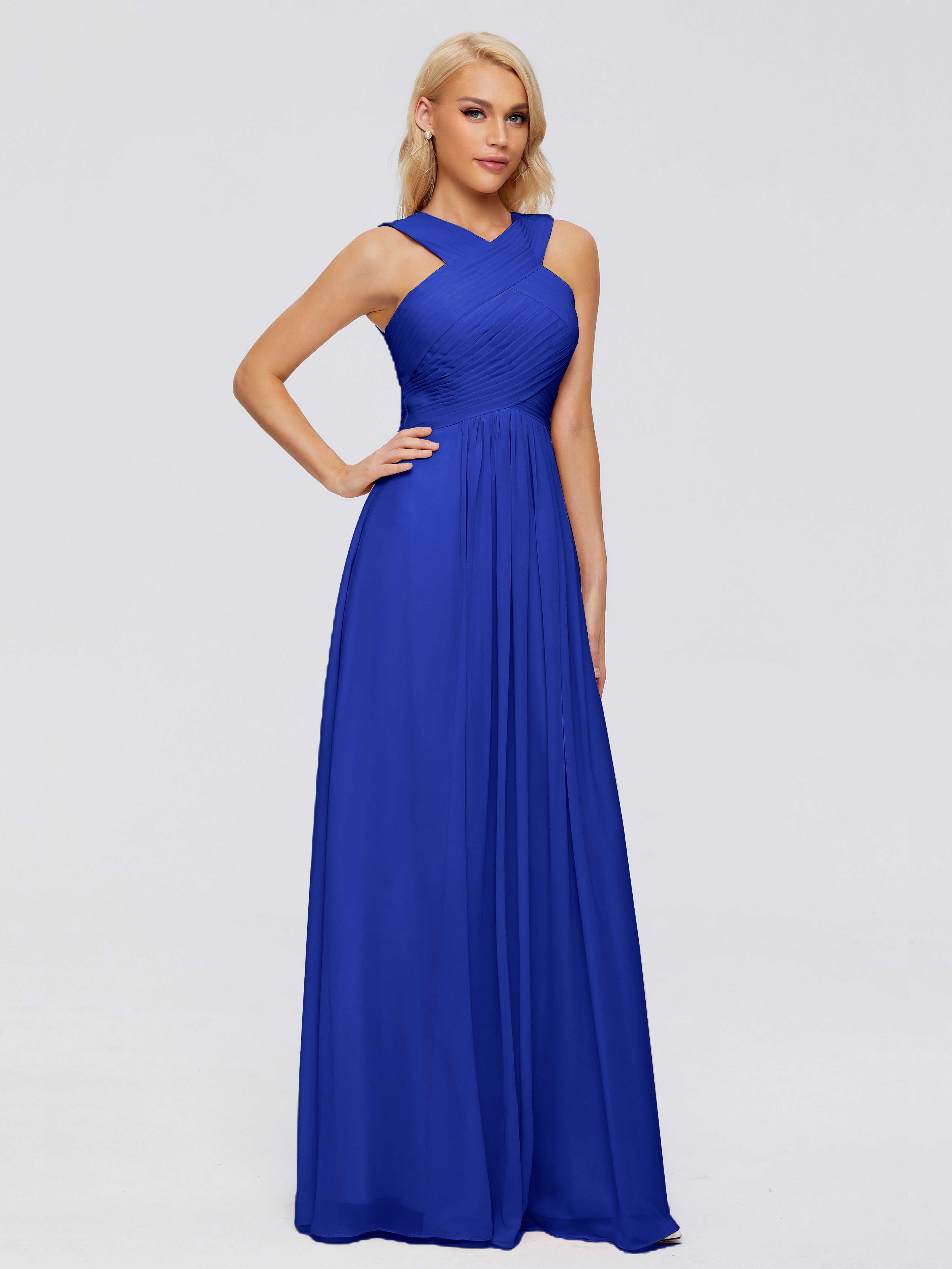 Robe Demoiselle D Honneur Bleue Roi Trapèze Bretelle Mousseline Robes Demoiselle D'Honneur
