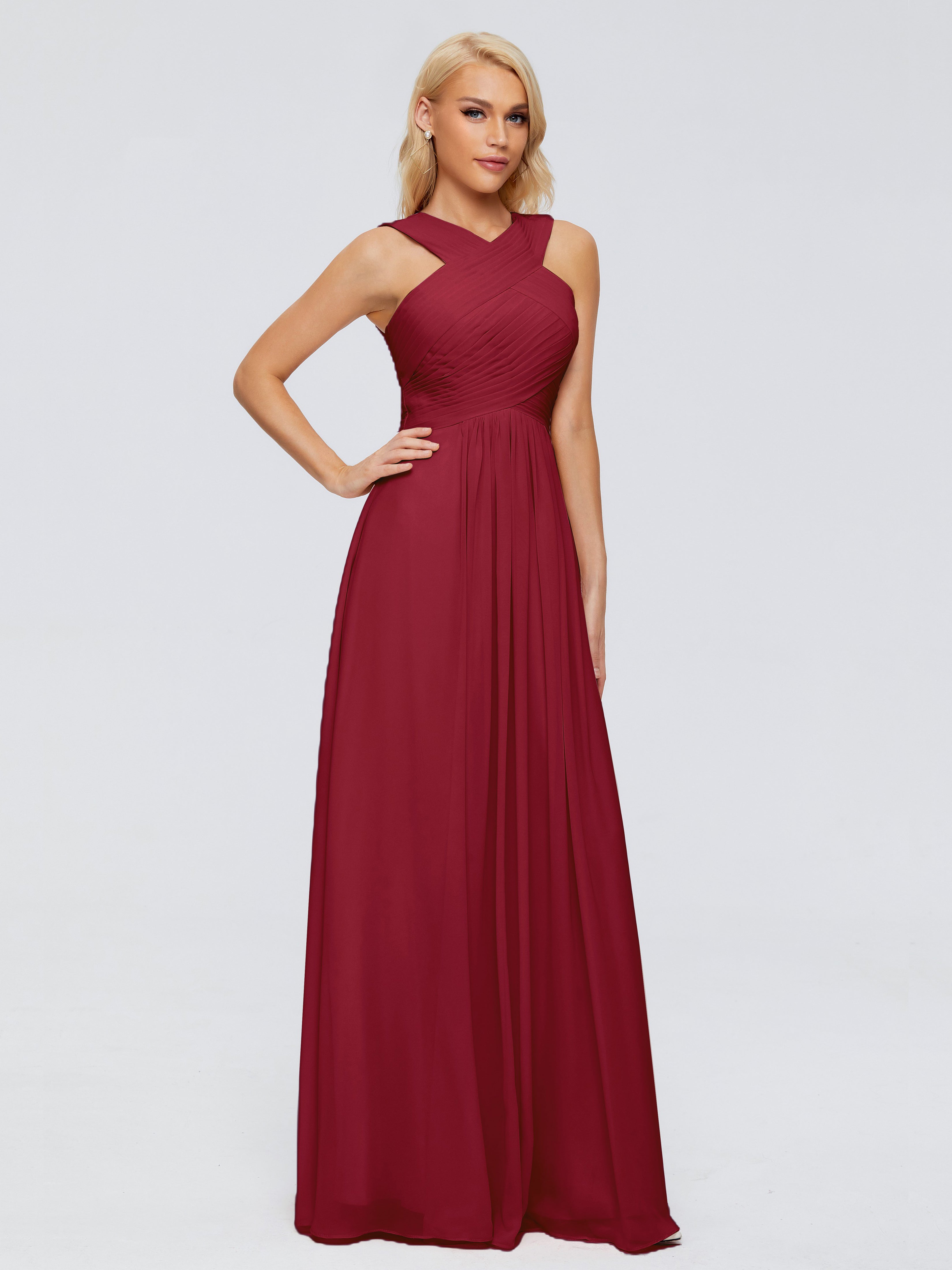 Robe Demoiselle D Honneur Rouge Bordeaux Trapèze Bretelle Mousseline Robes Demoiselle D'Honneur
