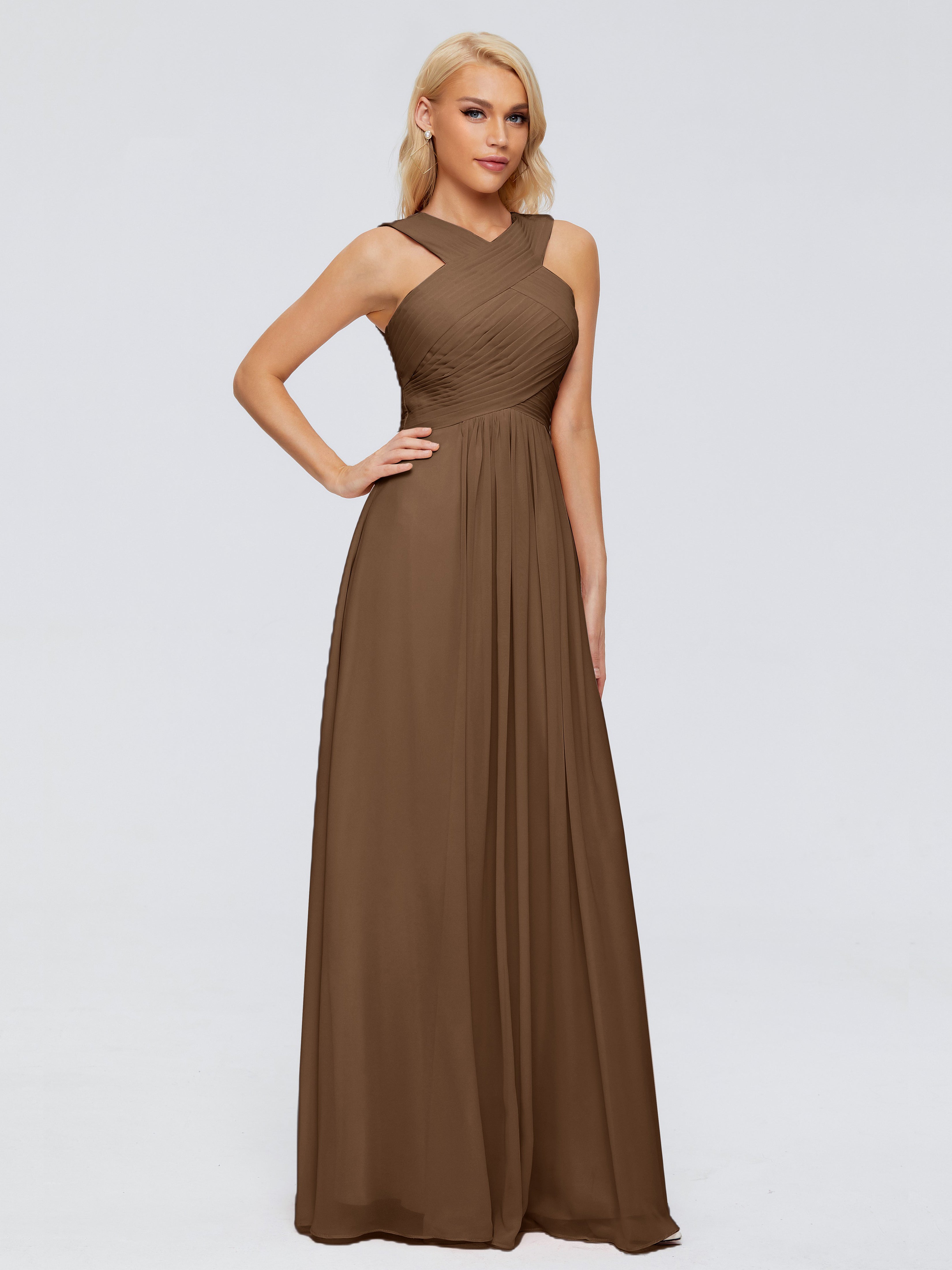 Robe Demoiselle D Honneur Brun Trapèze Bretelle Mousseline Robes Demoiselle D'Honneur