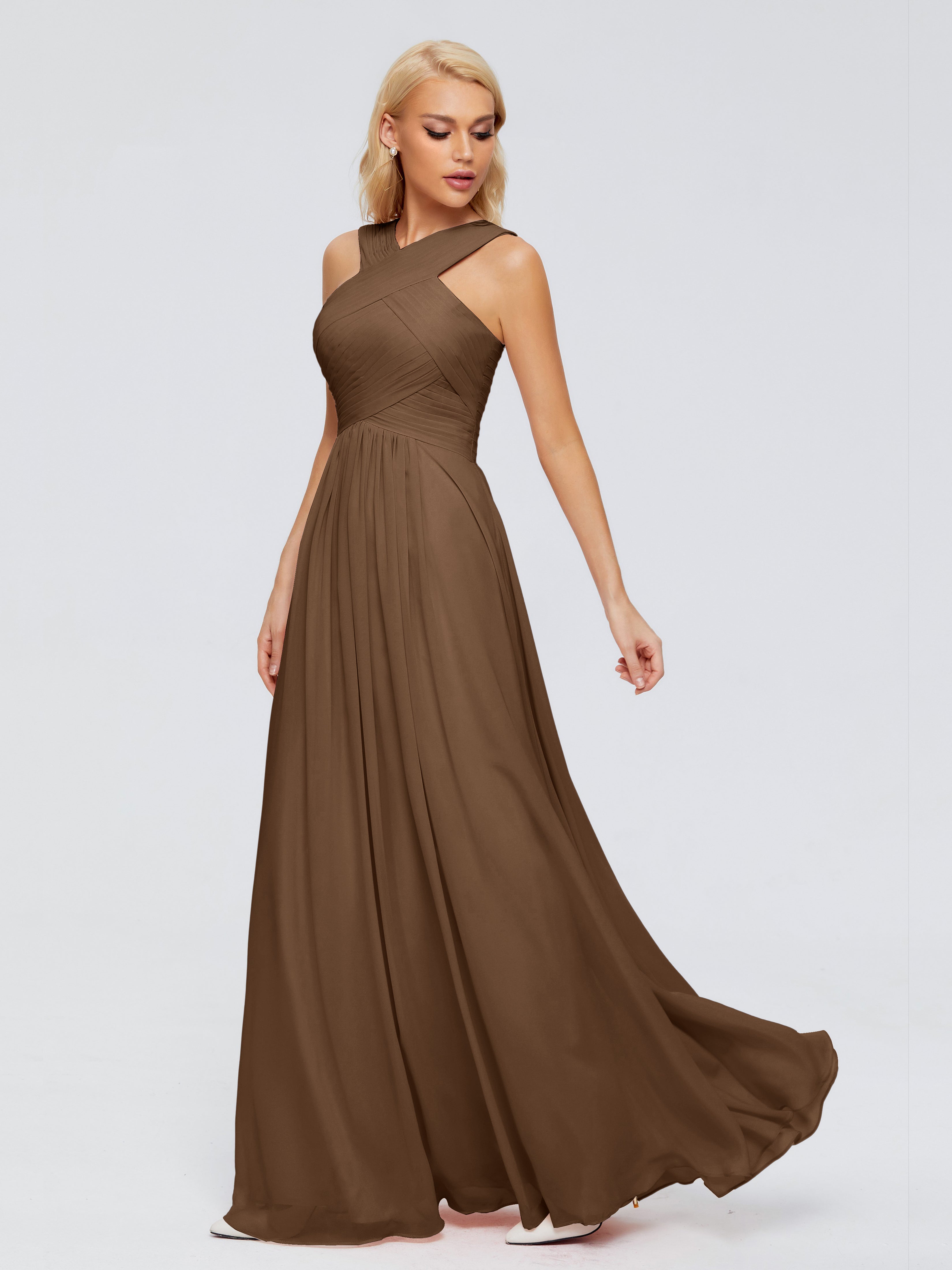 Robe Demoiselle D Honneur Brun Trapèze Bretelle Mousseline Robes Demoiselle D'Honneur