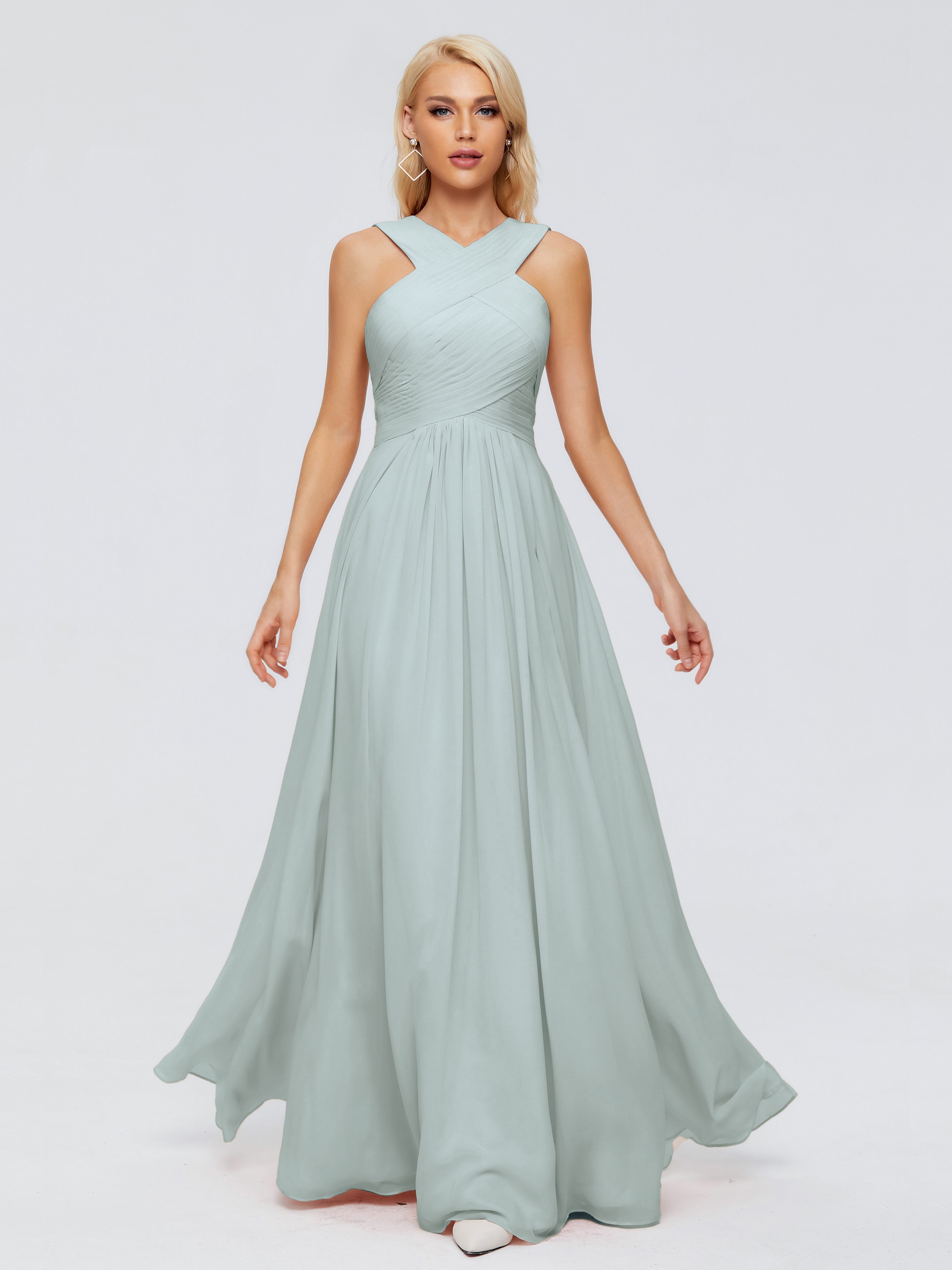 Robe Demoiselle D Honneur Vert Celadon Fourreau/Colonne Col V Mousseline Robes Demoiselle D'Honneur