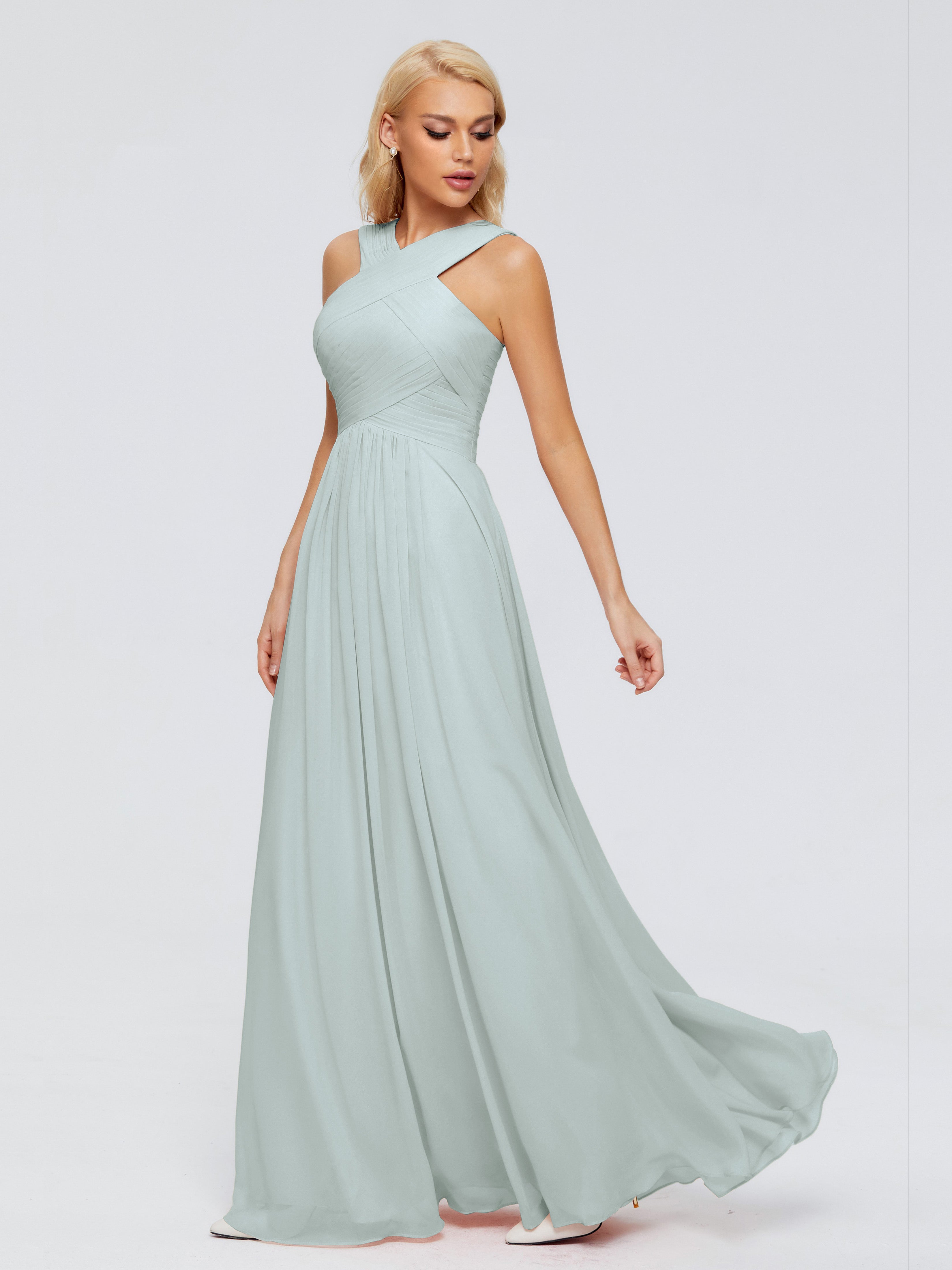 Robe Demoiselle D Honneur Vert Celadon Fourreau/Colonne Col V Mousseline Robes Demoiselle D'Honneur