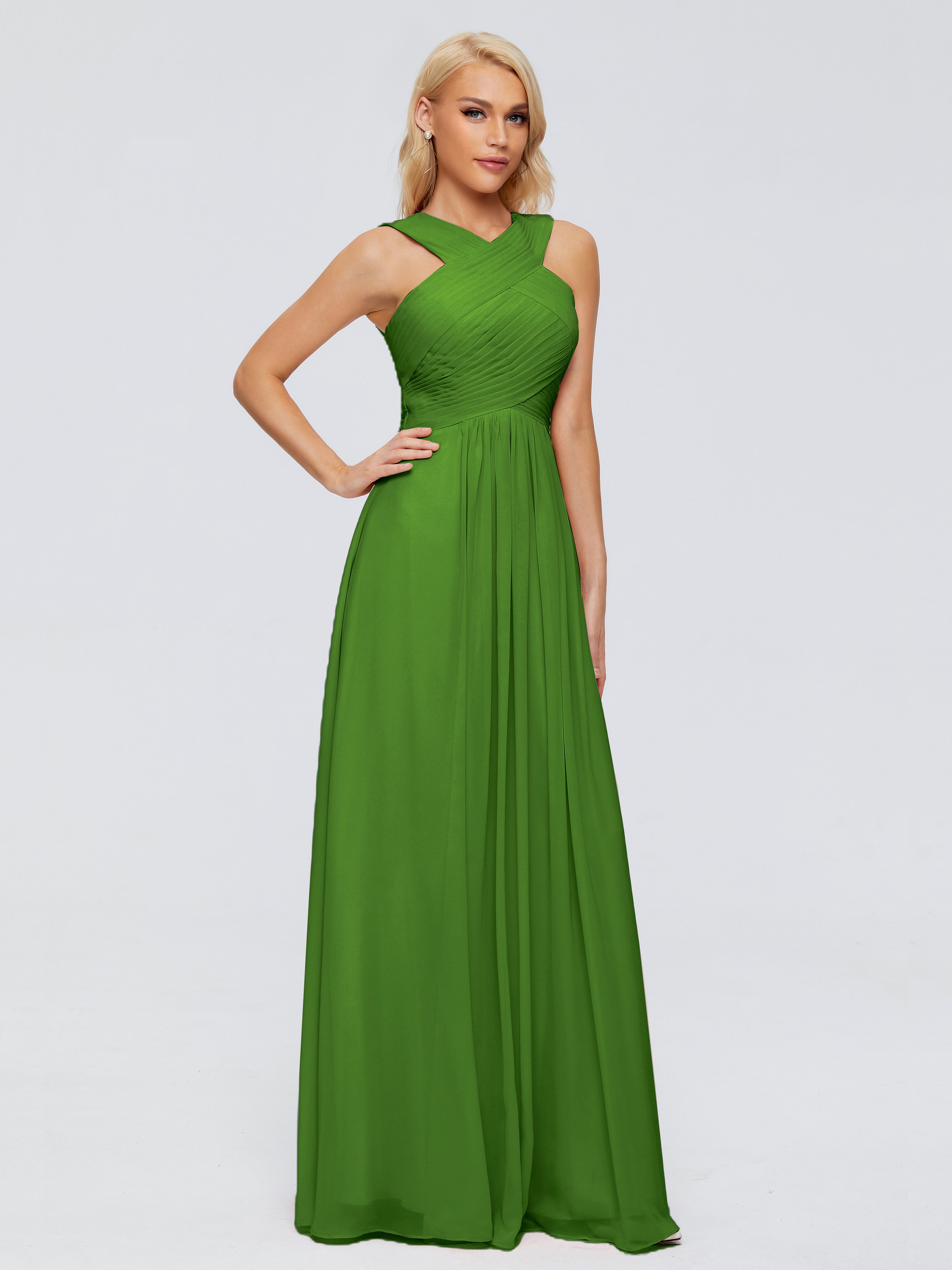 Robes De Demoiselle D'Honneur Vert Mousse Trapèze Bretelle Mousseline Robes Demoiselle D'Honneur