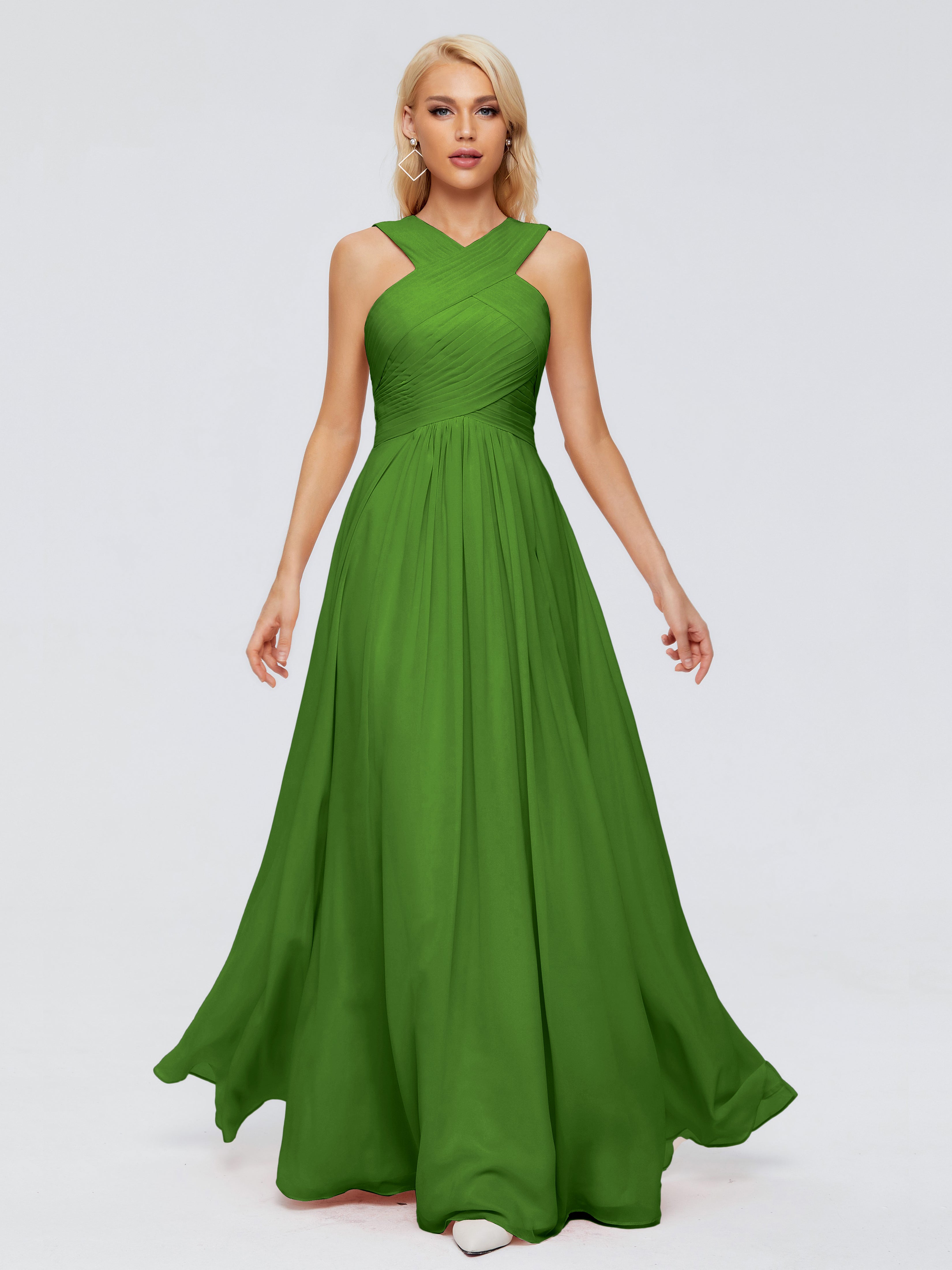 Robes De Demoiselle D'Honneur Vert Mousse Trapèze Bretelle Mousseline Robes Demoiselle D'Honneur