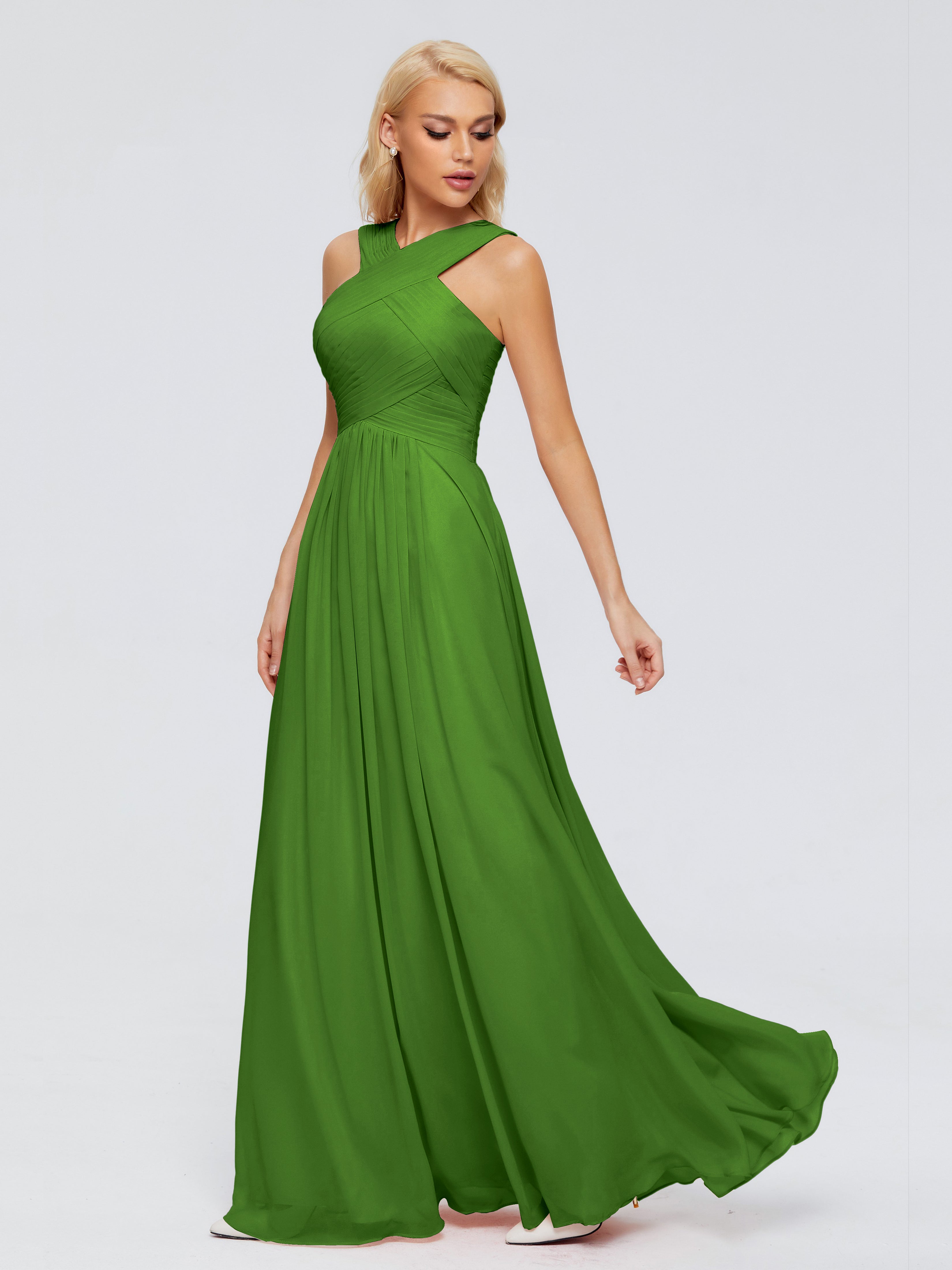 Robes De Demoiselle D'Honneur Vert Mousse Trapèze Bretelle Mousseline Robes Demoiselle D'Honneur