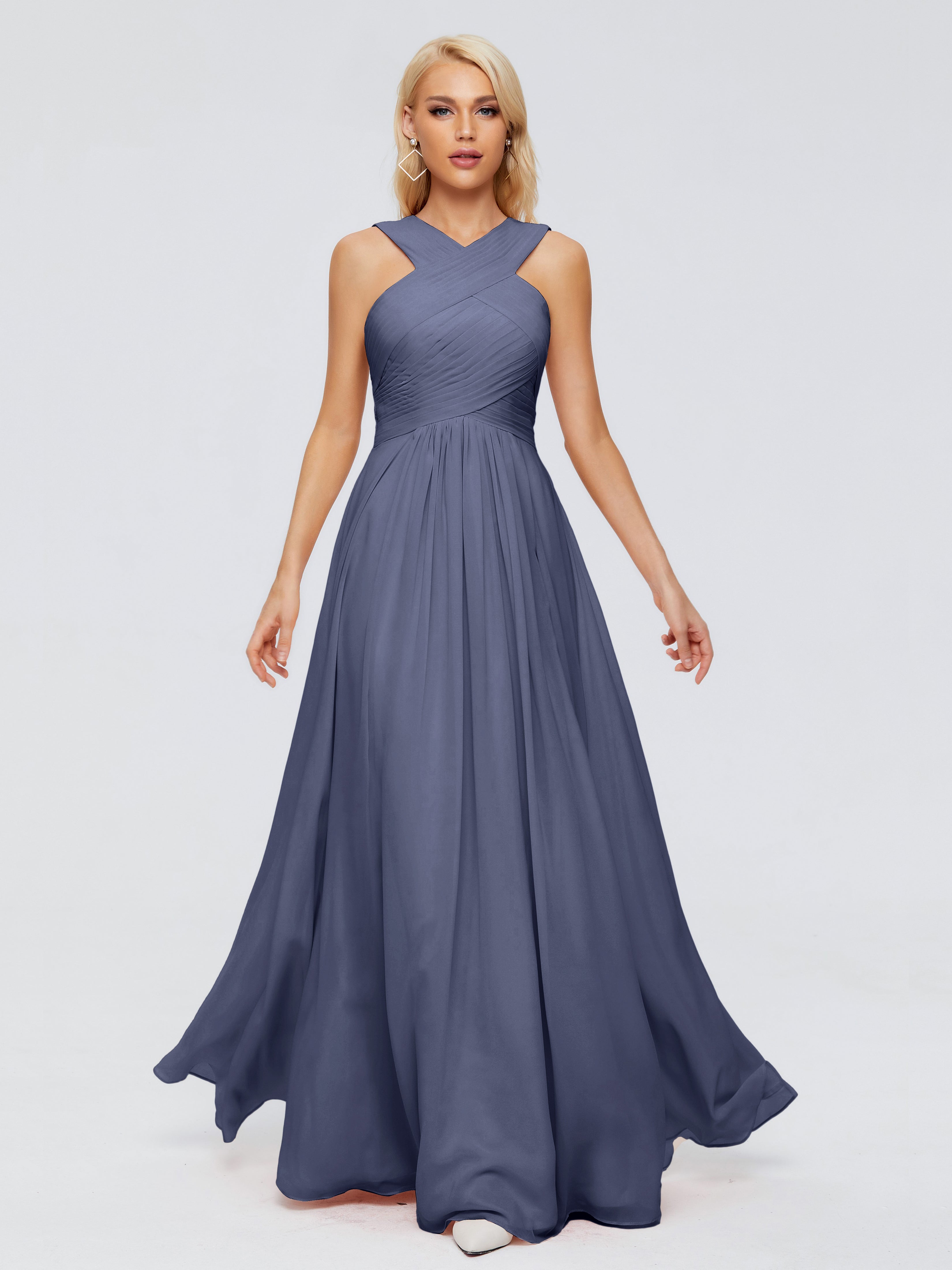 Robes De Demoiselle D'Honneur Bleu Orageux Trapèze Bretelle Mousseline Robes Demoiselle D'Honneur