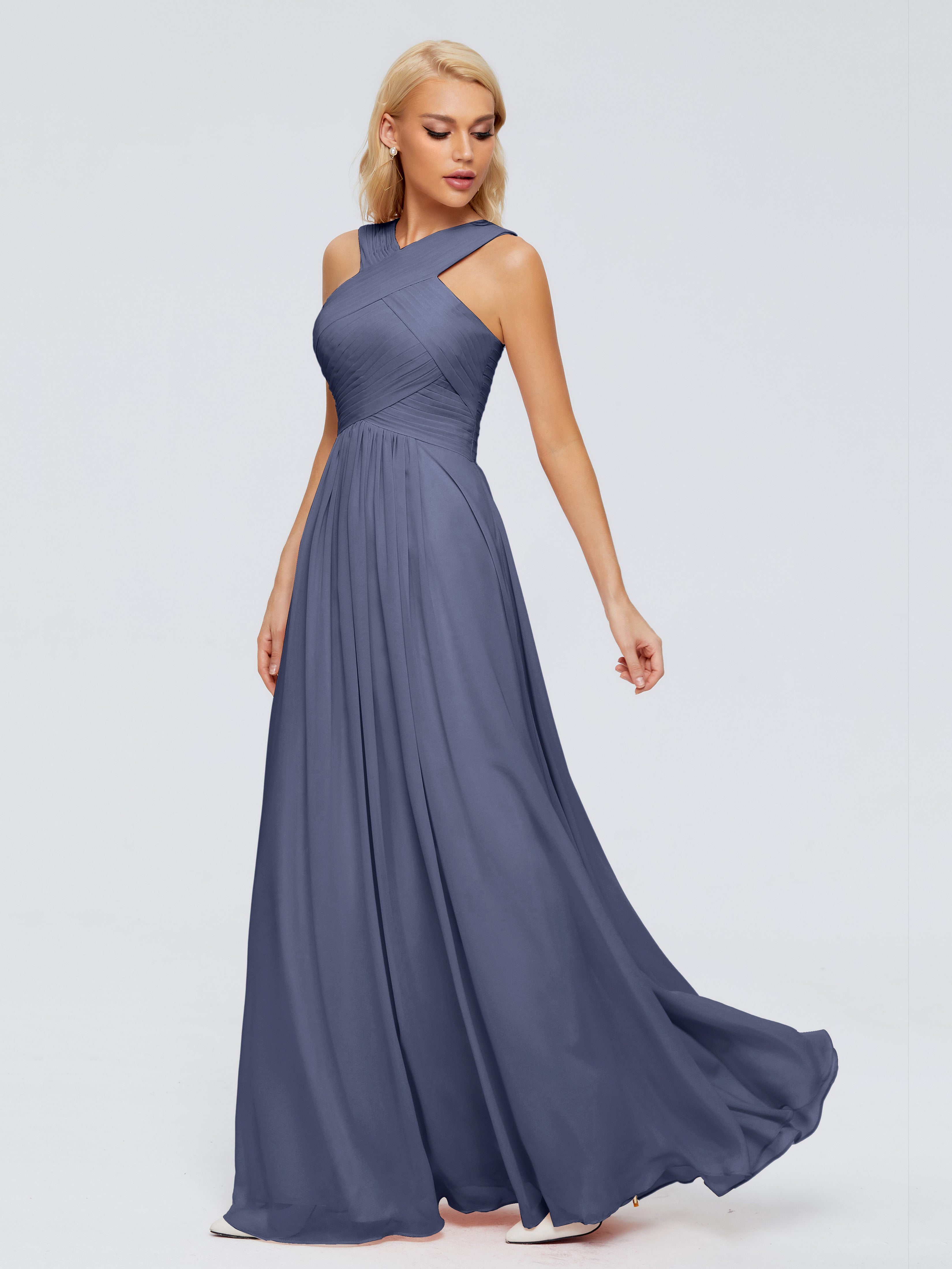 Robes De Demoiselle D'Honneur Bleu Orageux Trapèze Bretelle Mousseline Robes Demoiselle D'Honneur