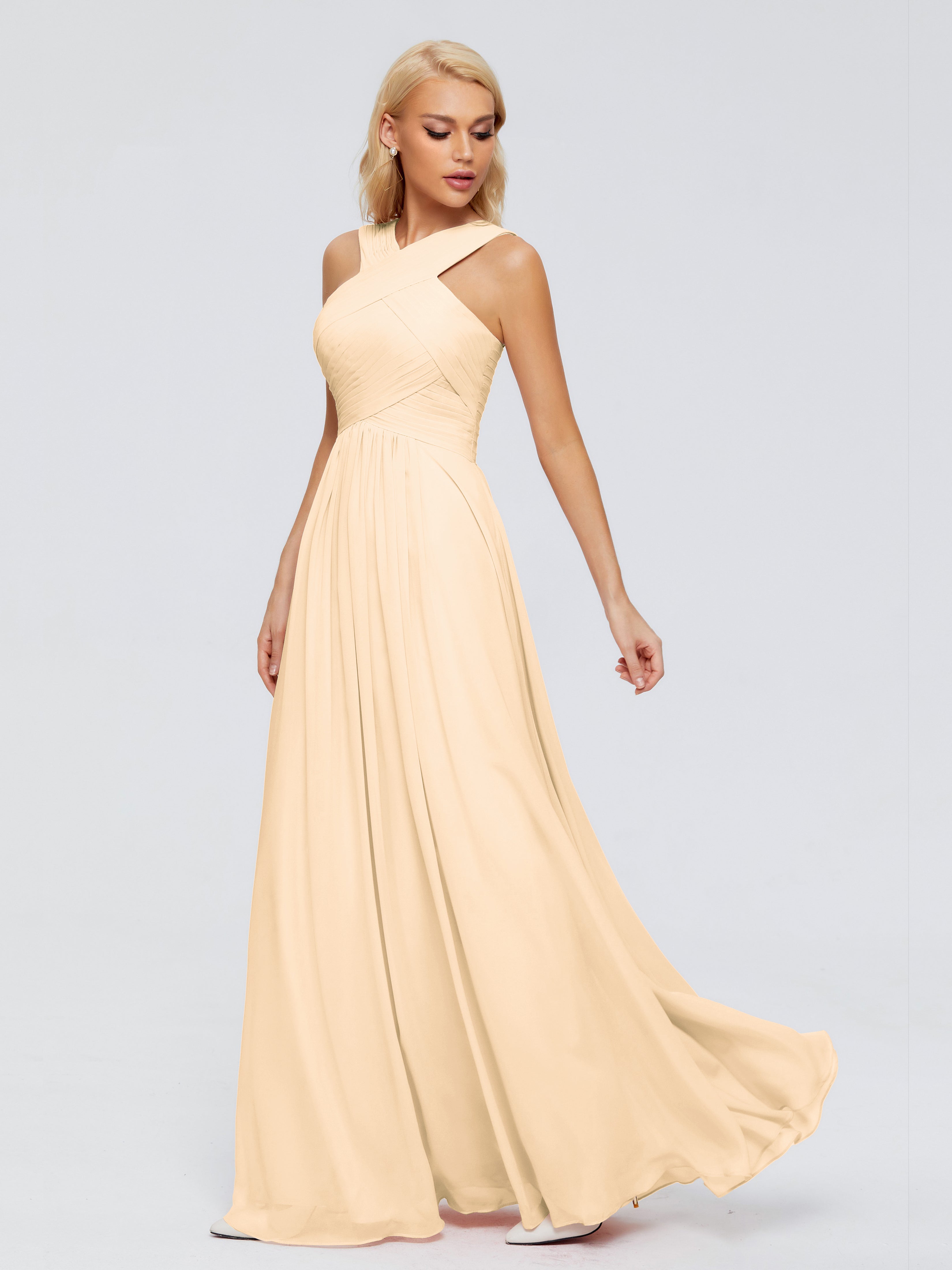 Robe Pêche Demoiselle D Honneur Trapèze Bretelle Mousseline Robes Demoiselle D'Honneur
