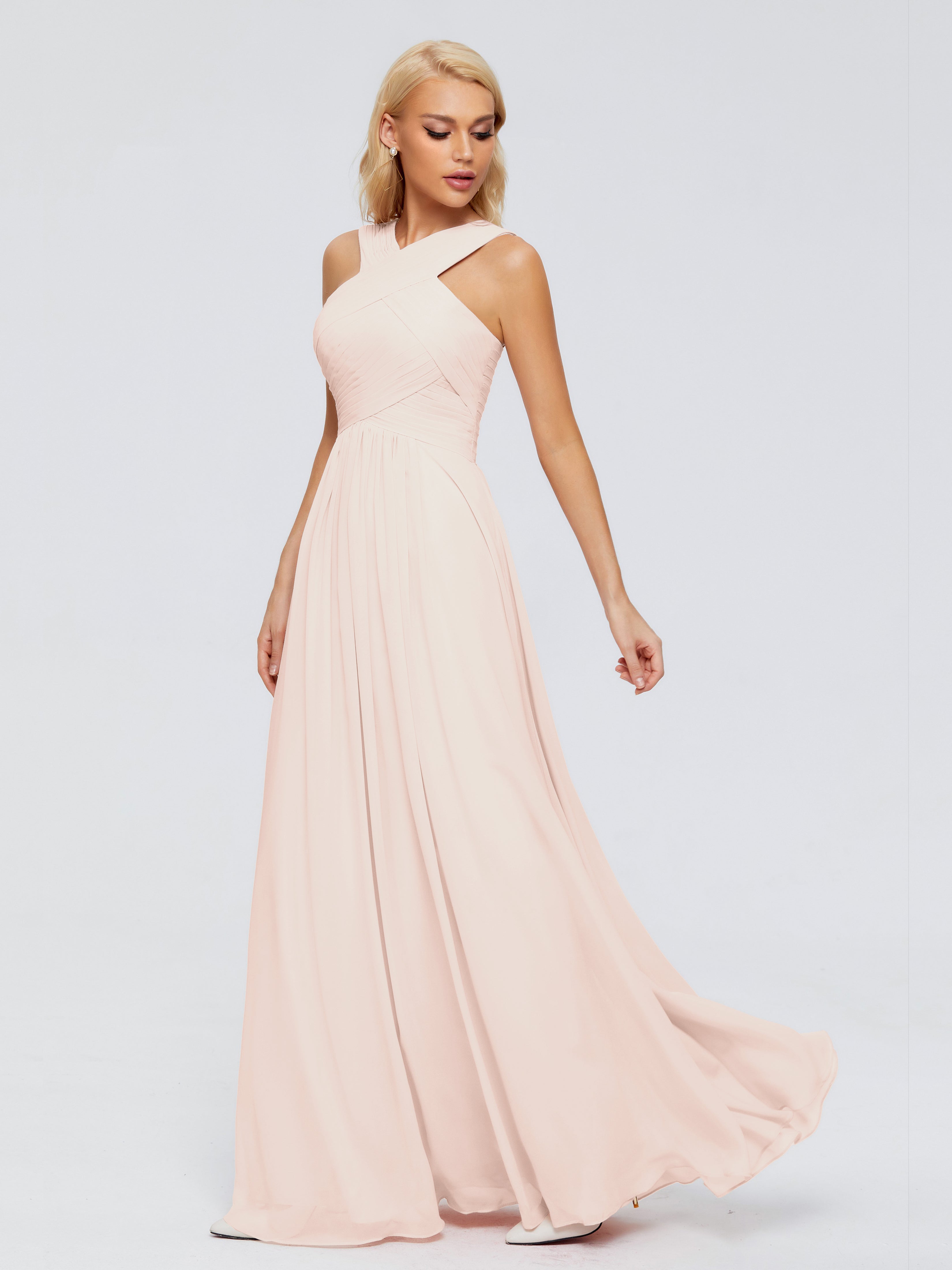 Robe Demoiselle D Honneur Rose Perle Trapèze Bretelle Mousseline Robes Demoiselle D'Honneur