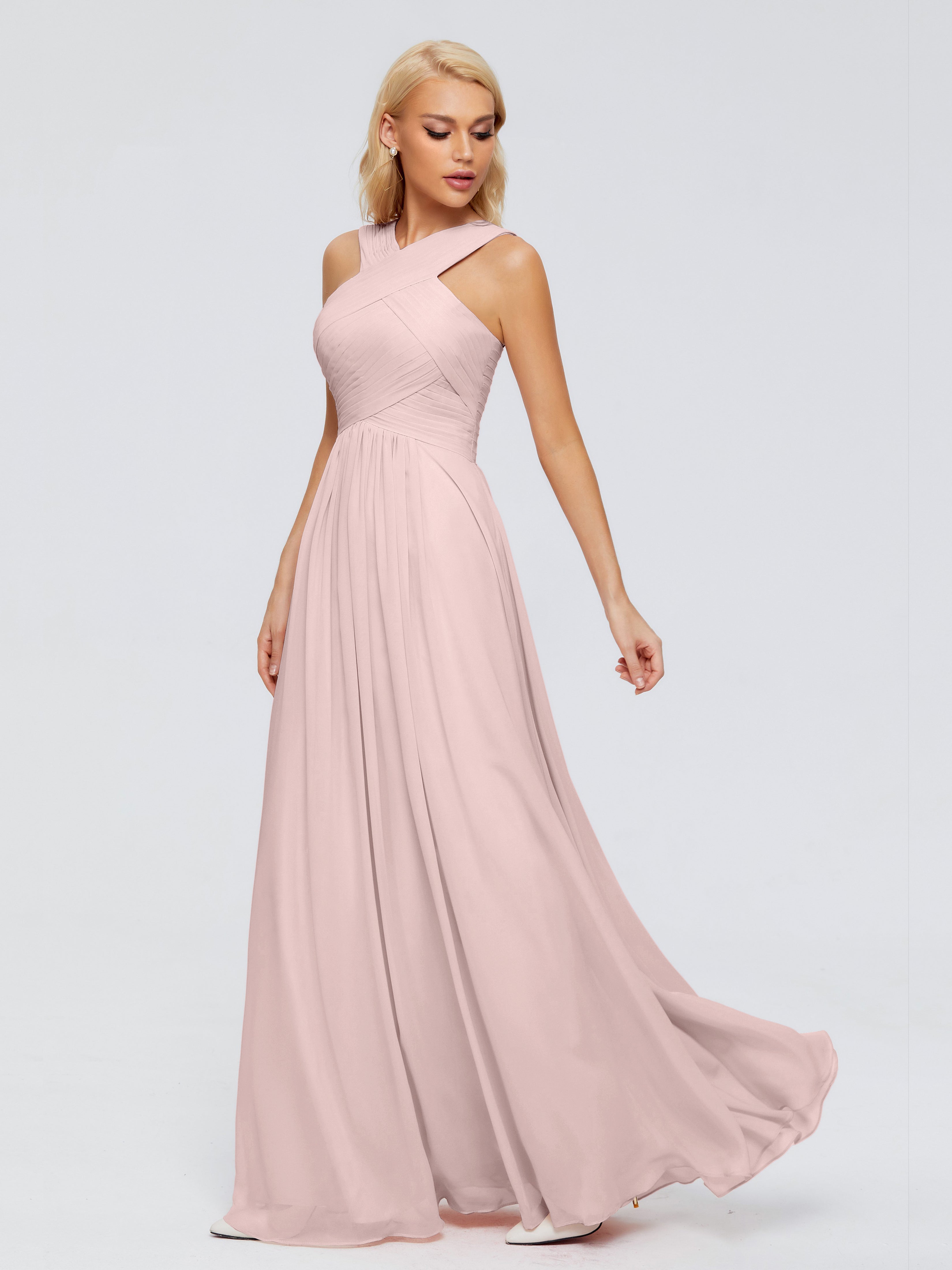 Robe Demoiselle D Honneur Rose Poudrée Trapèze Bretelle Mousseline Robes Demoiselle D'Honneur