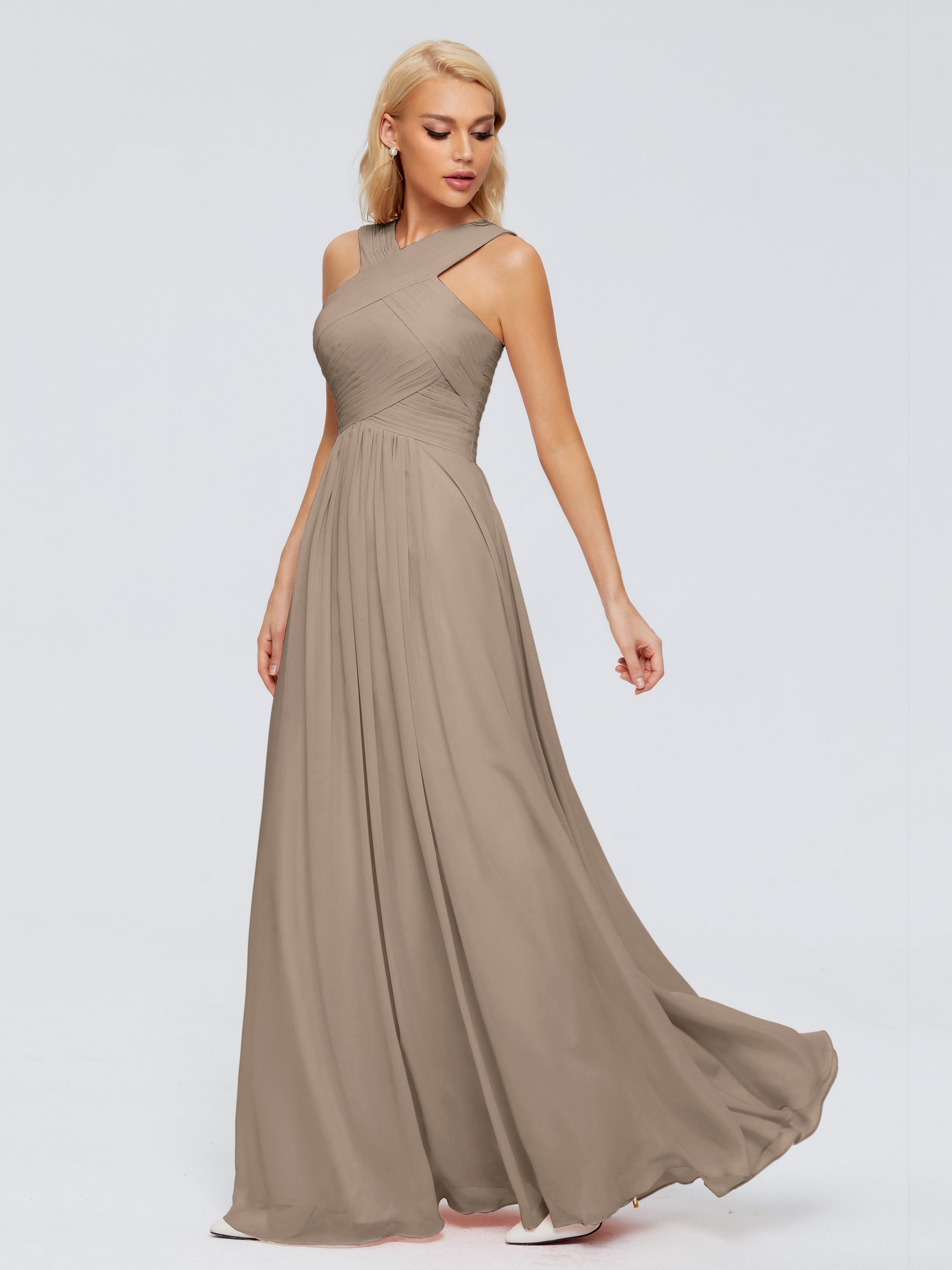 Robe Taupe Demoiselle D Honneur Trapèze Bretelle Mousseline Robes Demoiselle D'Honneur