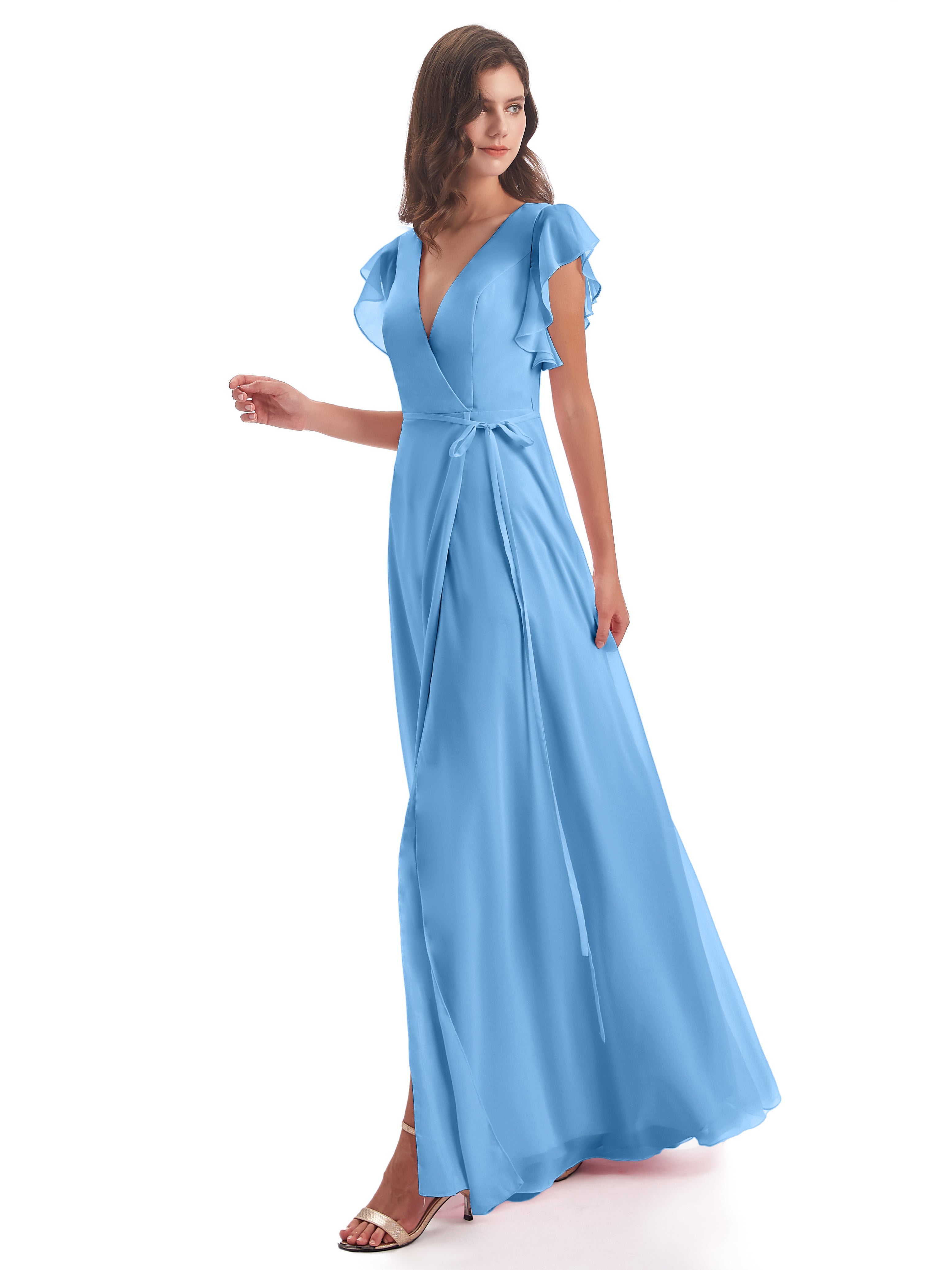 Robes De Demoiselle D'Honneur Bleues Longues Fendue Devant Col V Robes Demoiselle D'Honneur