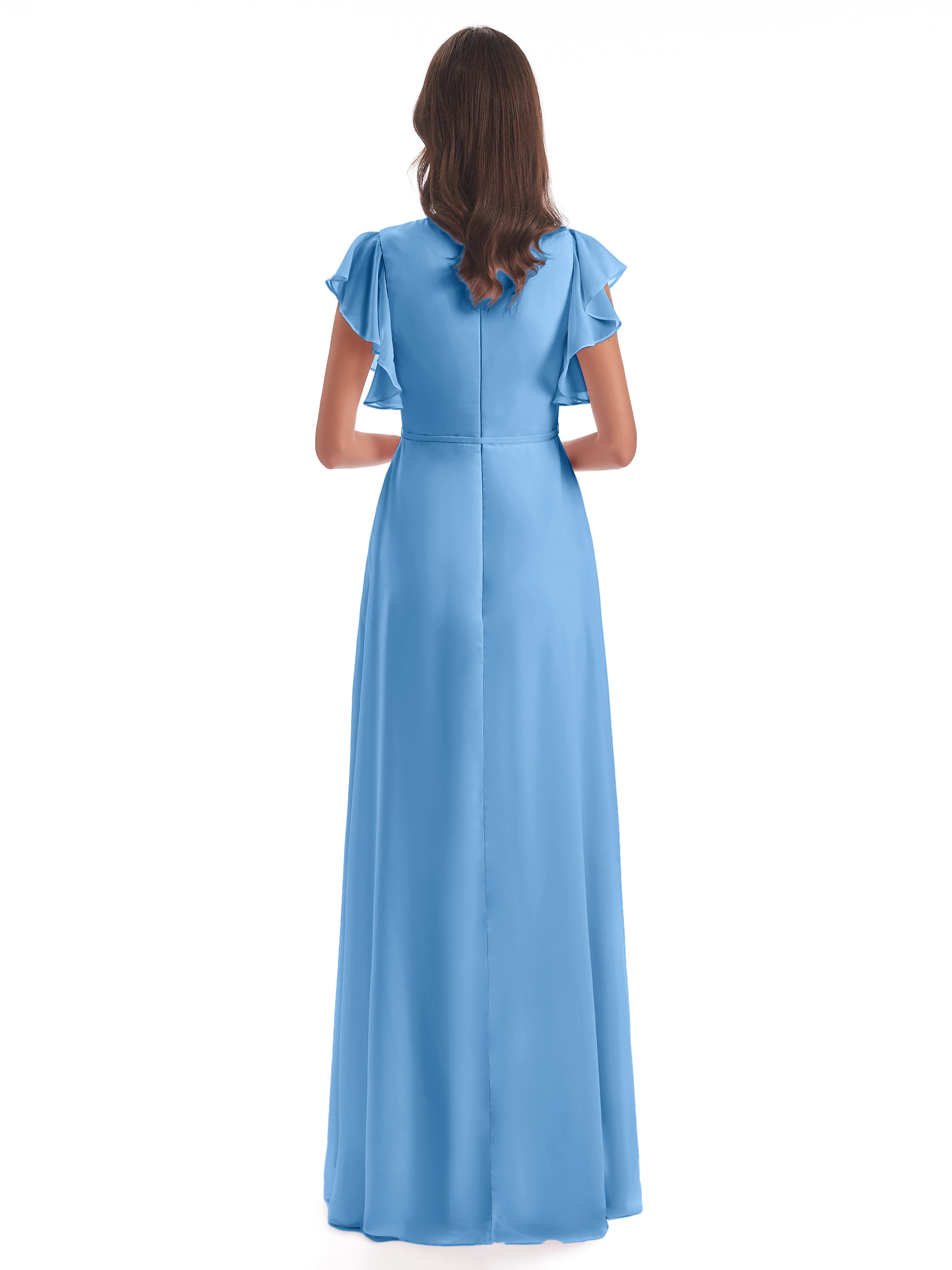 Robes De Demoiselle D'Honneur Bleues Longues Fendue Devant Col V Robes Demoiselle D'Honneur
