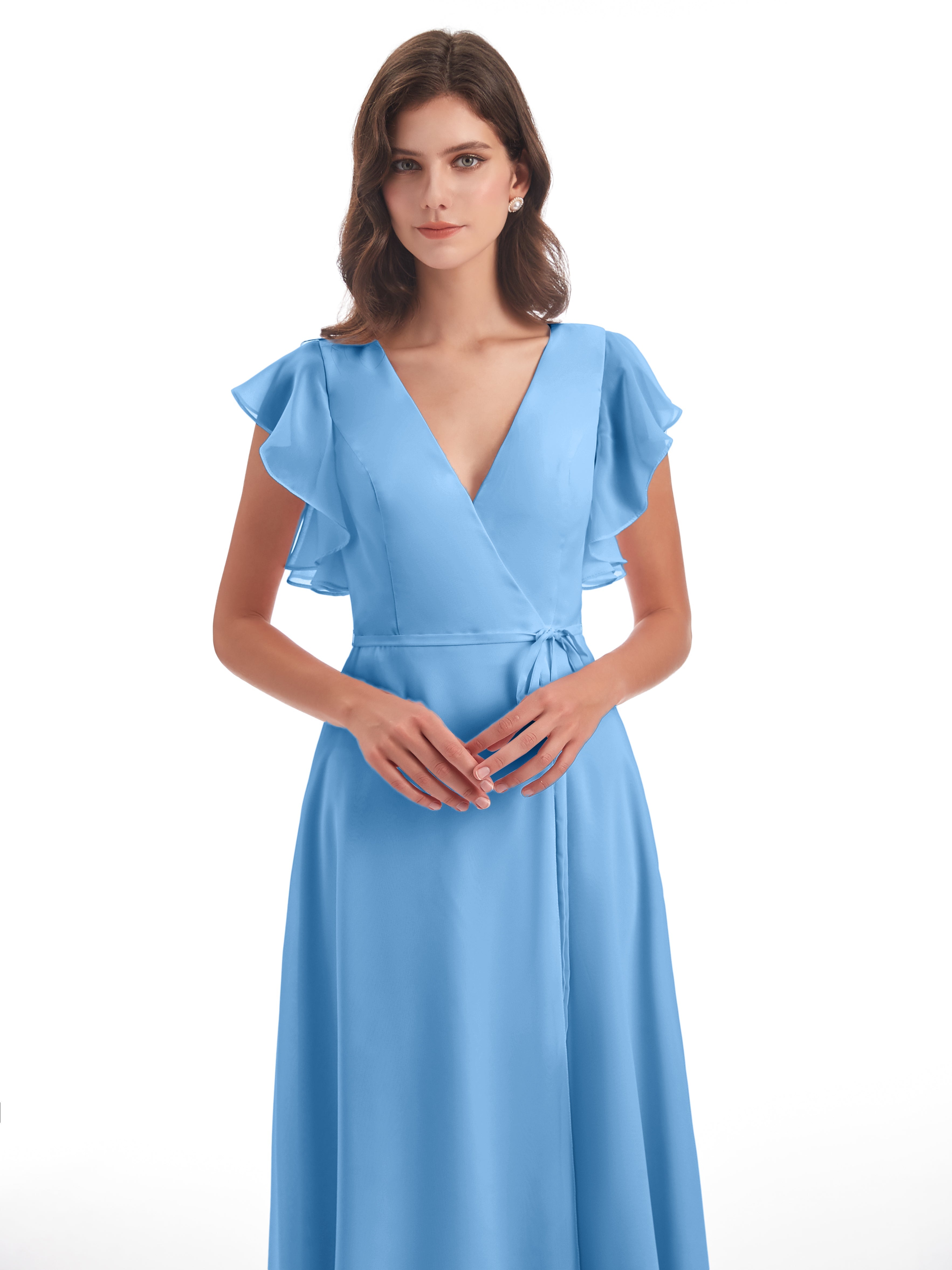 Robes De Demoiselle D'Honneur Bleues Longues Fendue Devant Col V Robes Demoiselle D'Honneur