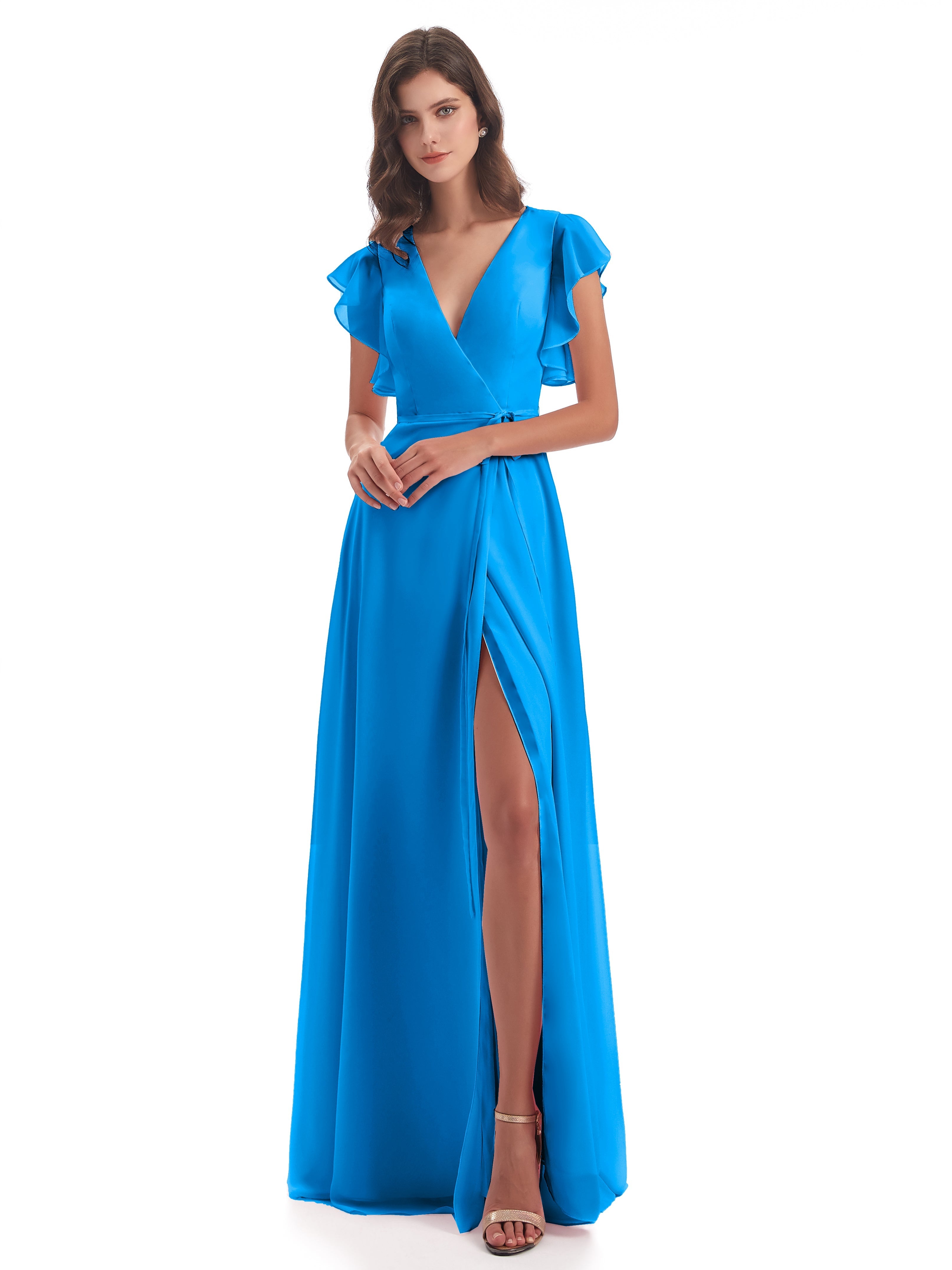 Robes De Demoiselle D'Honneur Bleu Océan Fendue Devant Col V Robes Demoiselle D'Honneur