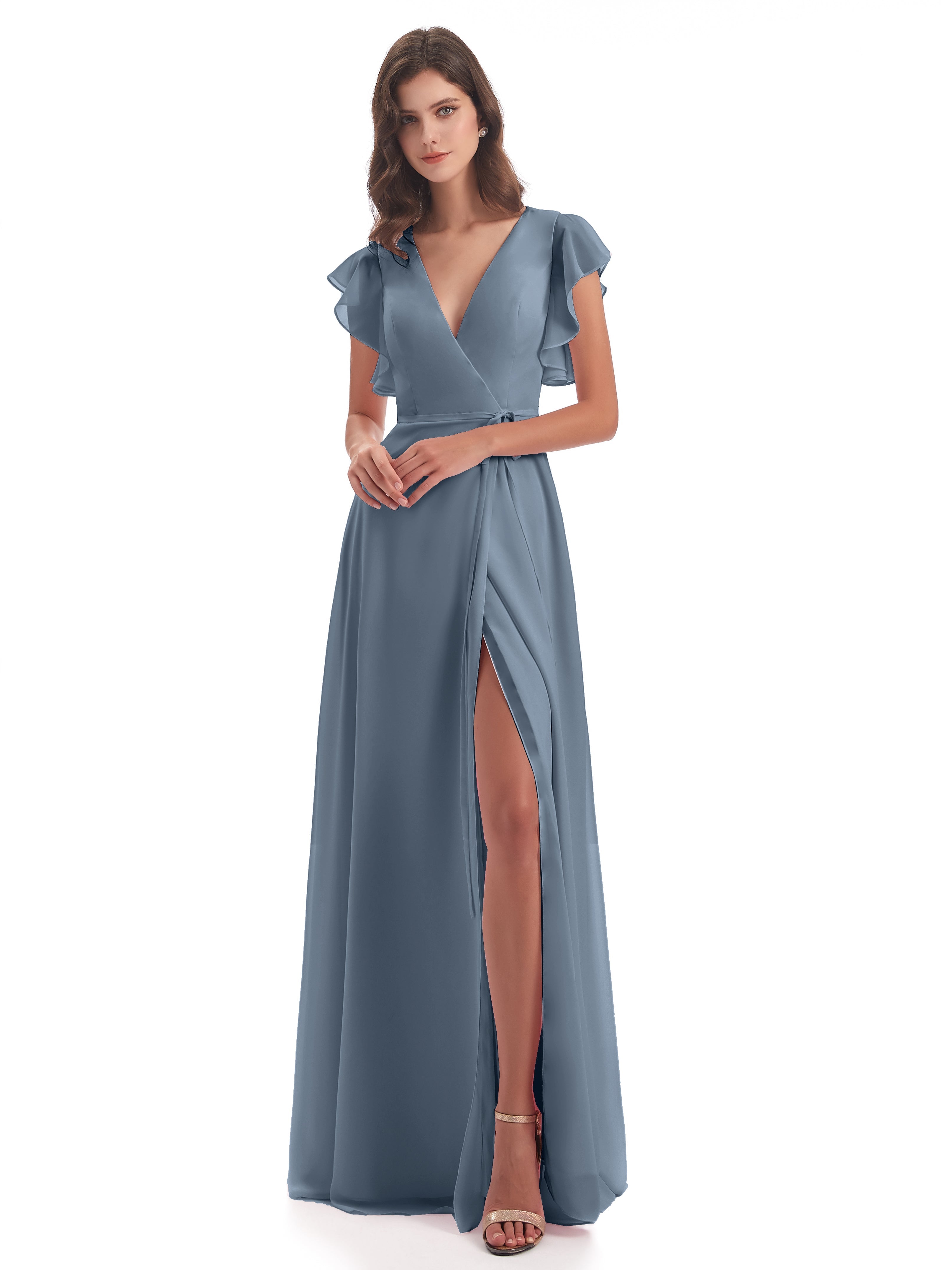 Robes De Demoiselle D'Honneur Bleu Poussiéreux Fendue Devant Col V Robes Demoiselle D'Honneur
