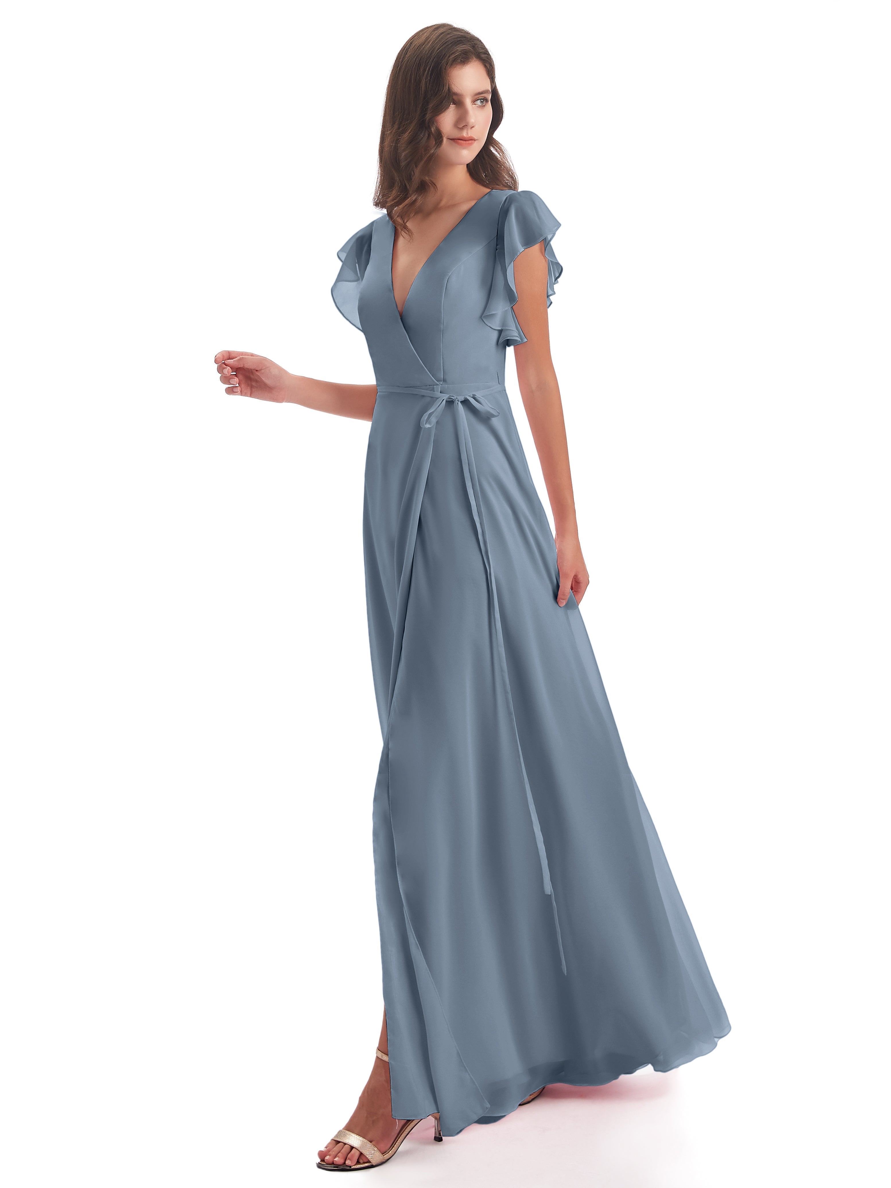 Robes De Demoiselle D'Honneur Bleu Poussiéreux Fendue Devant Col V Robes Demoiselle D'Honneur