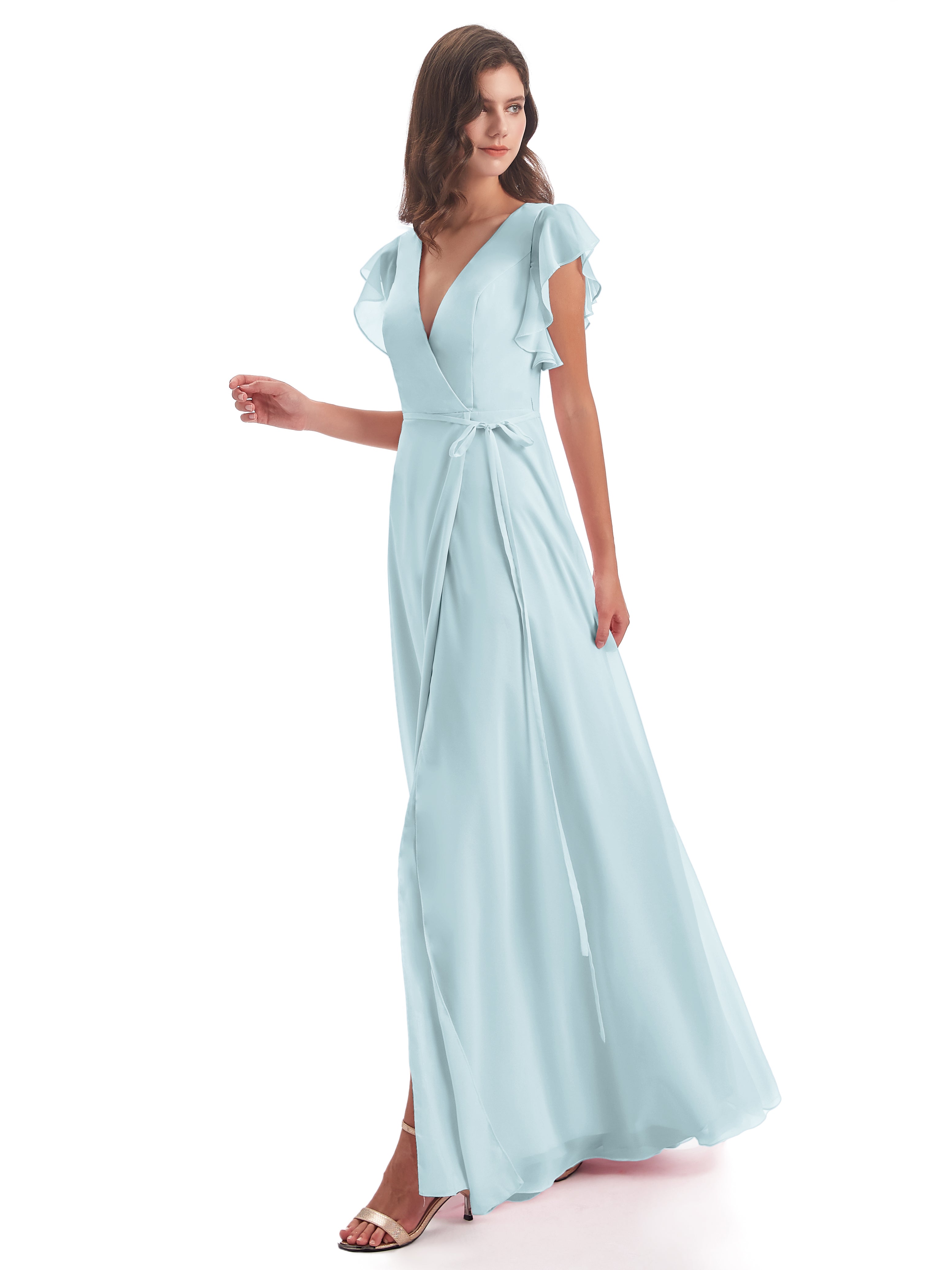 Robe De Demoiselle D'Honneur Brume Fendue Devant Col V Robes Demoiselle D'Honneur