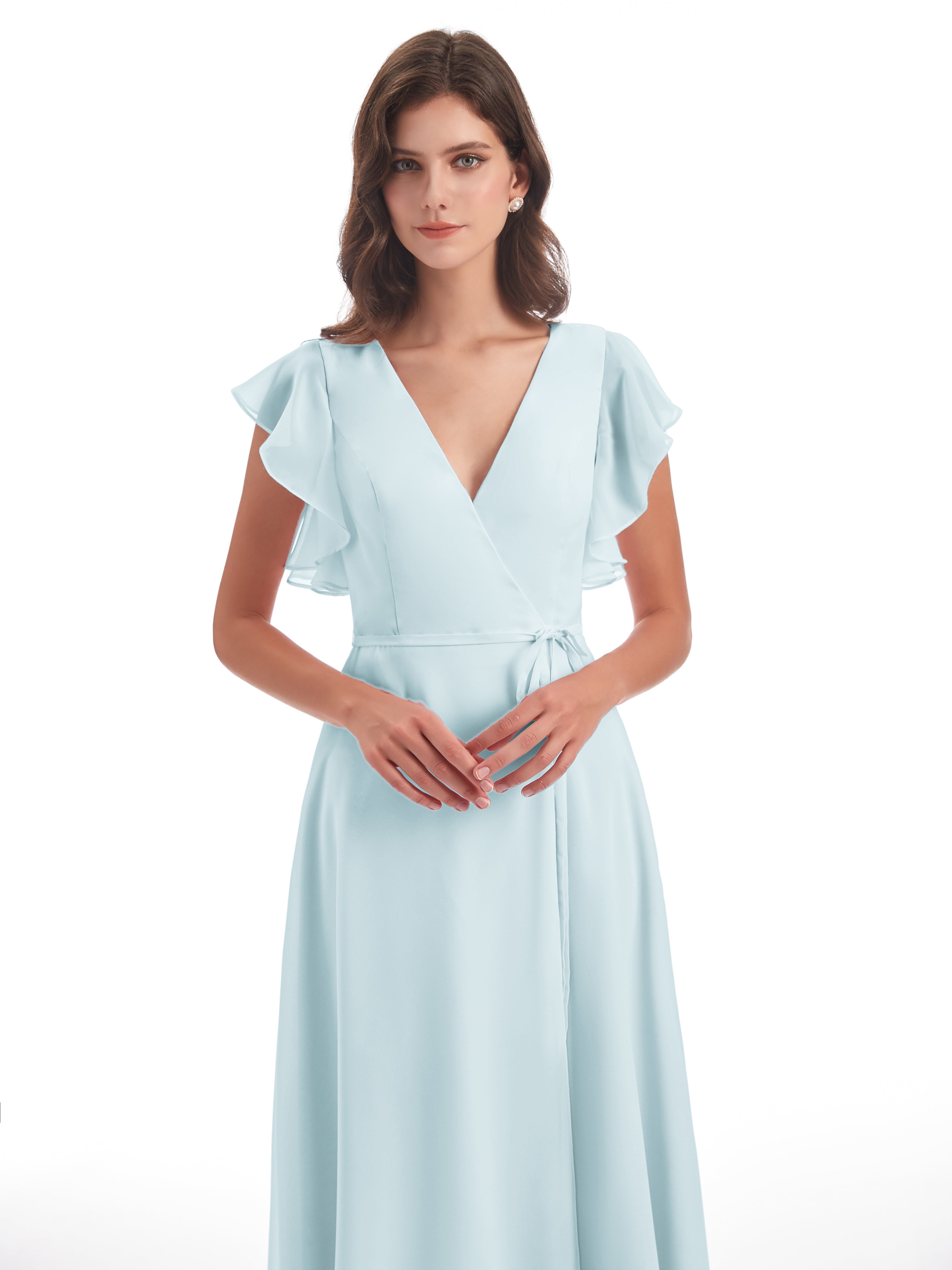 Robe De Demoiselle D'Honneur Brume Fendue Devant Col V Robes Demoiselle D'Honneur