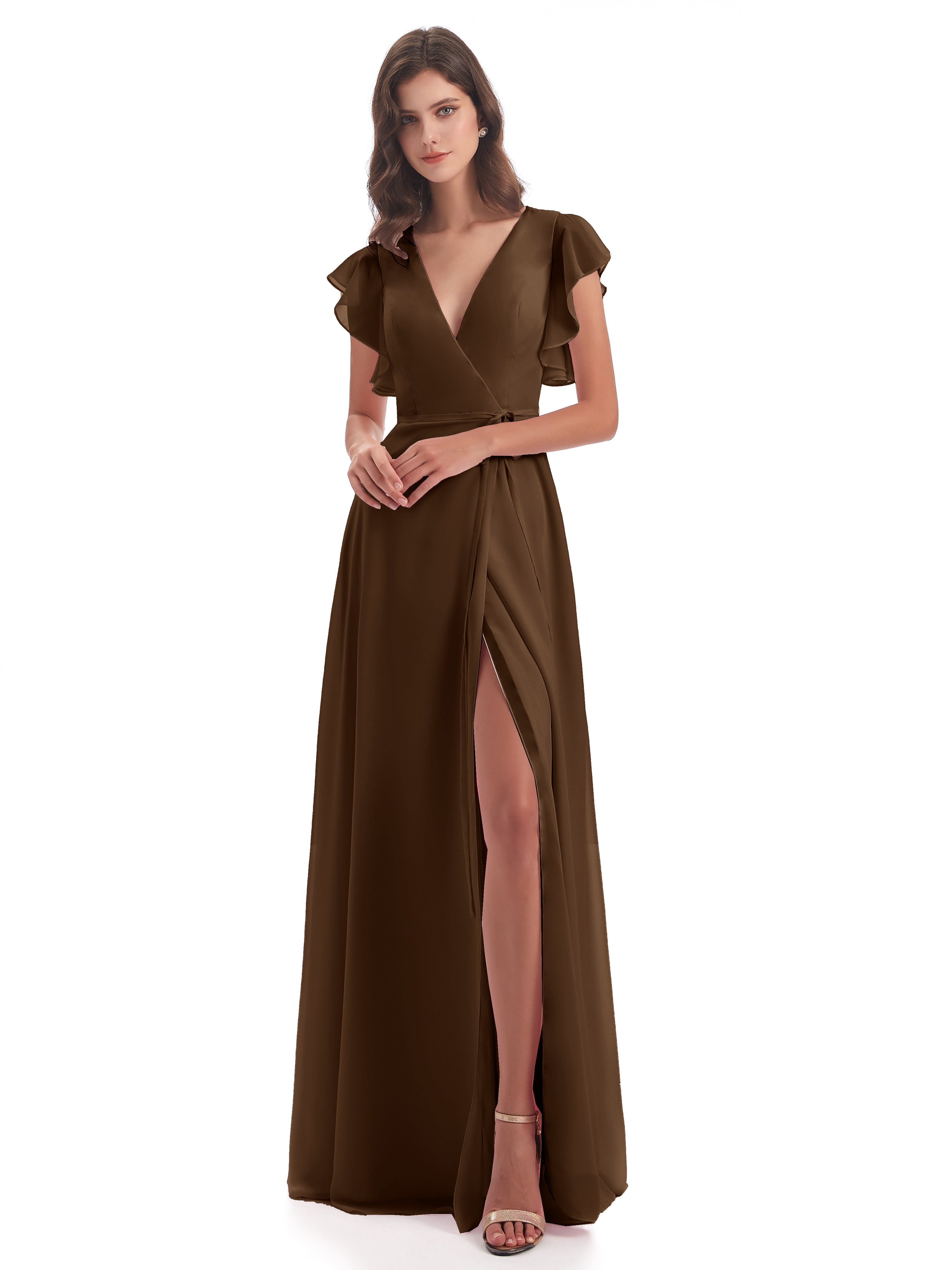 Robe Demoiselle D Honneur Brun Fendue Devant Col V Robes Demoiselle D'Honneur