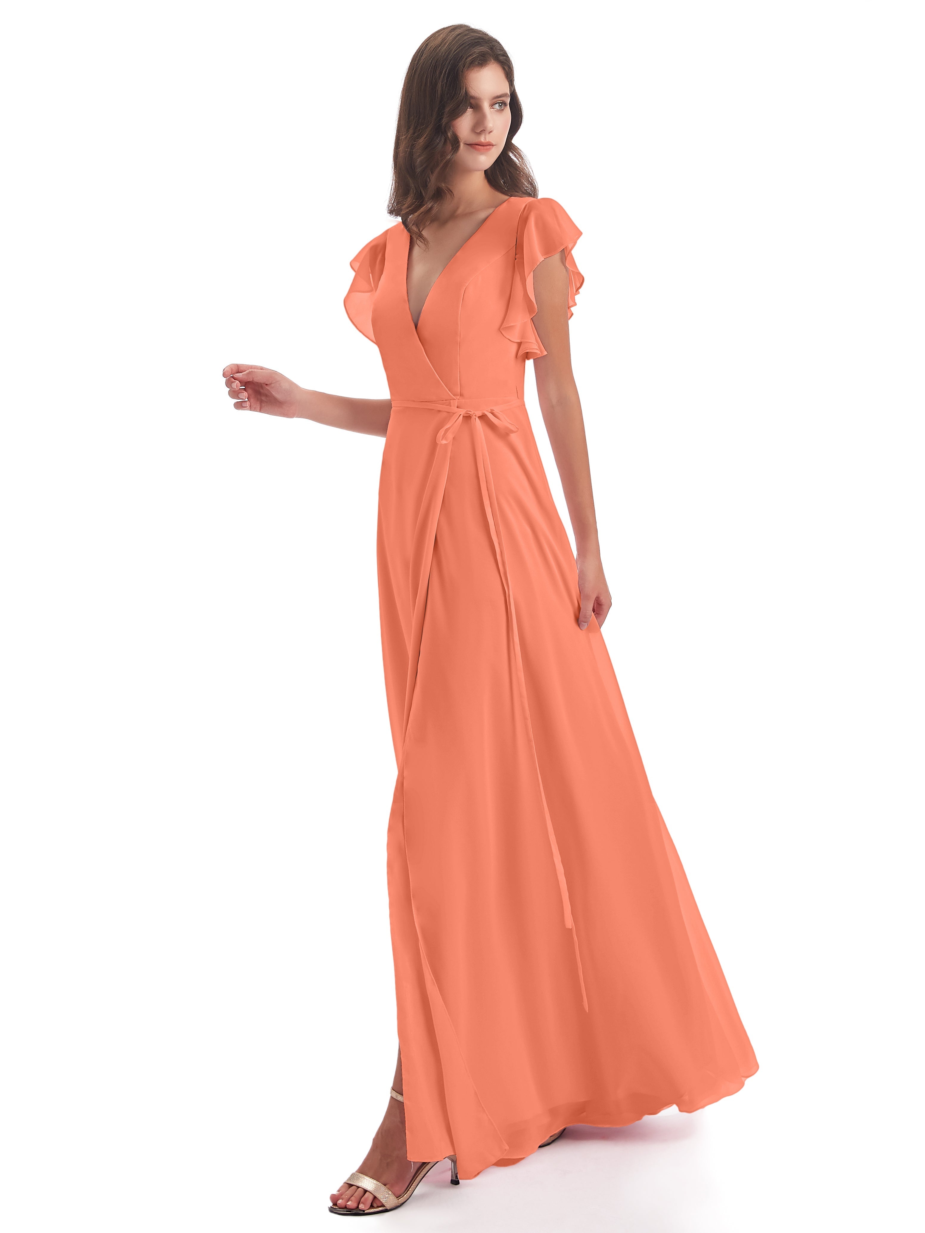 Robes De Demoiselle D'Honneur Coucher De Soleil Fendue Devant Col V Robes Demoiselle D'Honneur