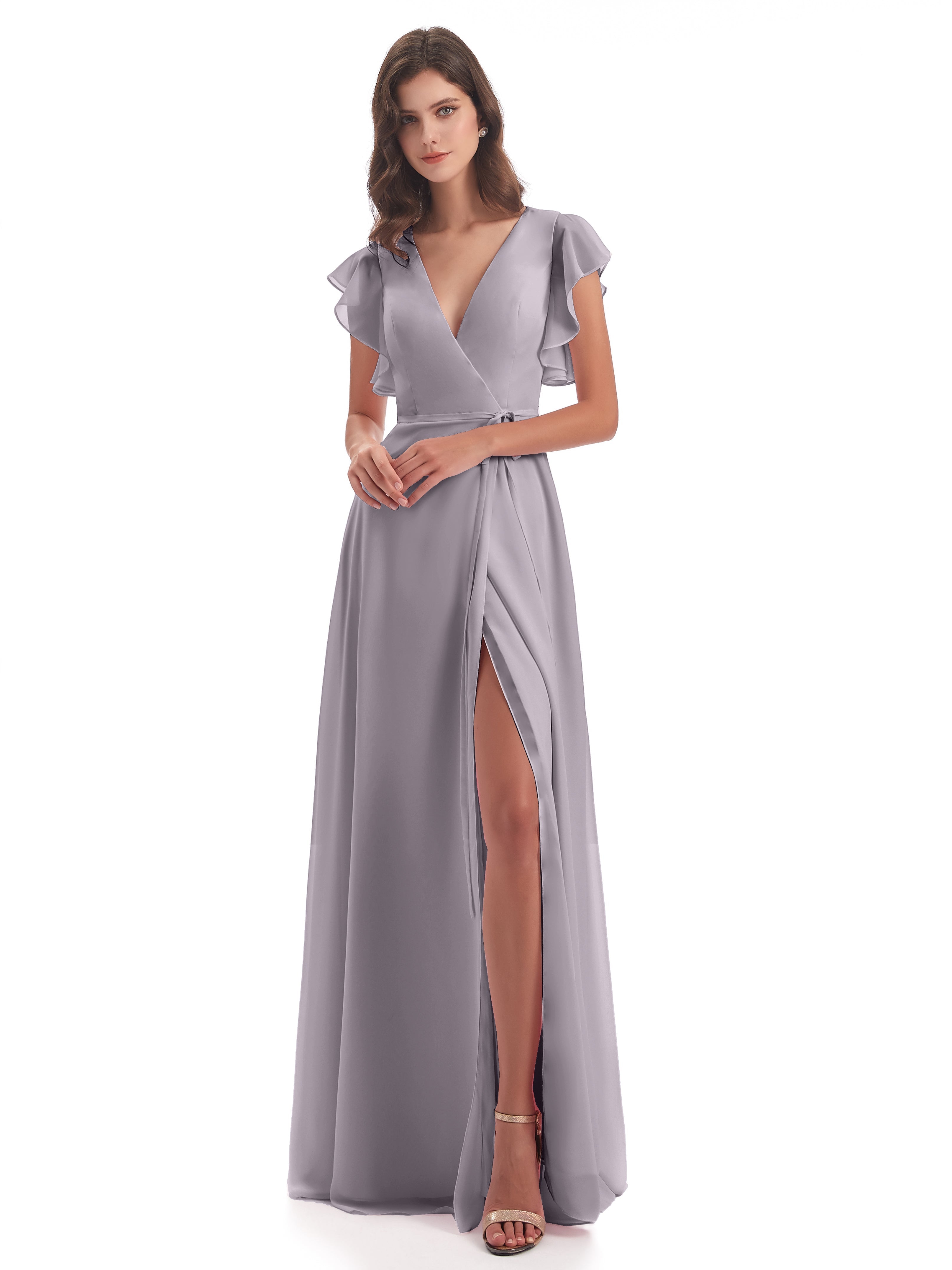 Robes De Demoiselle D'Honneur Couleur Crépuscule Fendue Devant Col V Robes Demoiselle D'Honneur