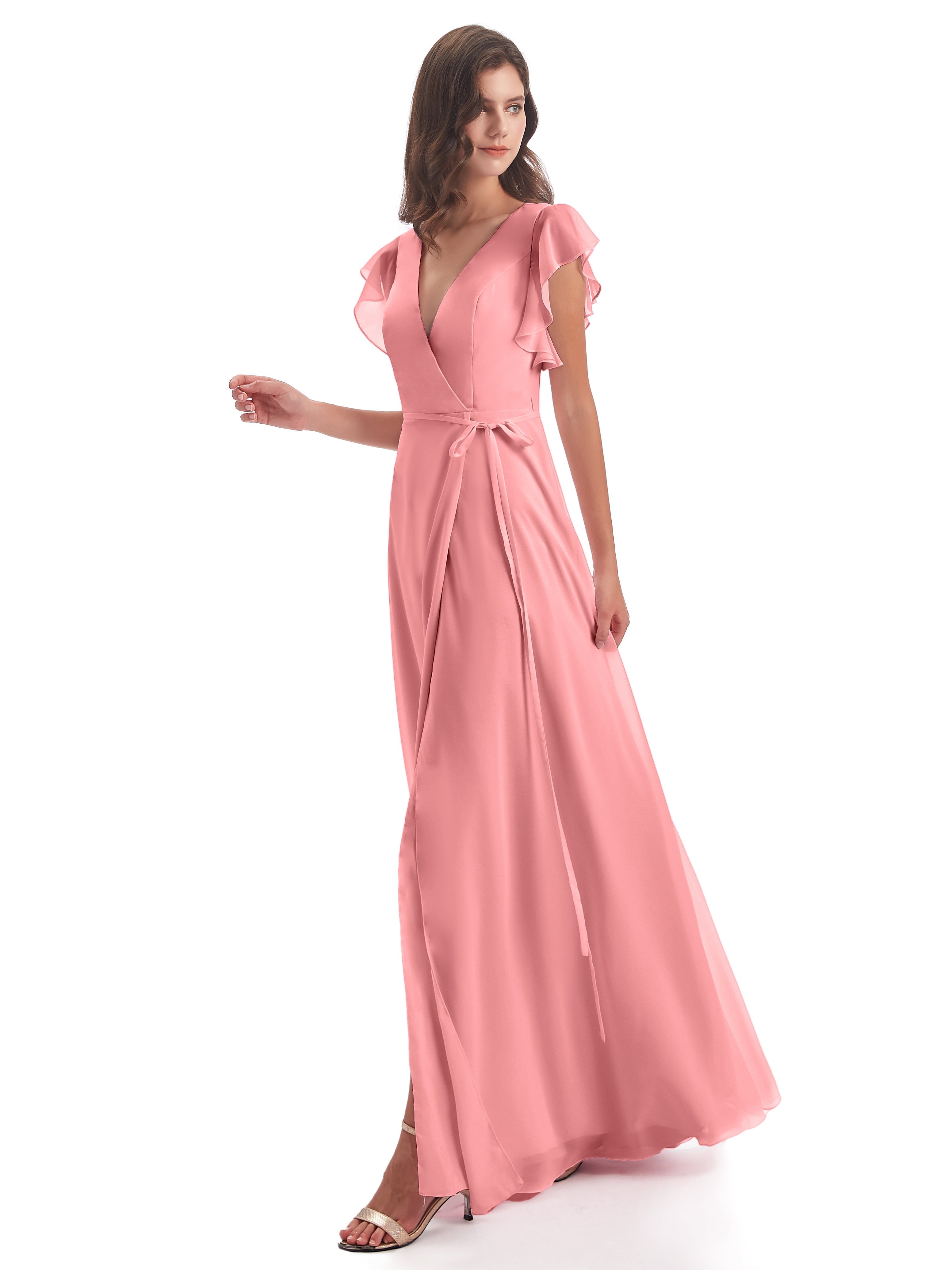 Robes De Demoiselle D'Honneur En Flamant Fendue Devant Col V Robes Demoiselle D'Honneur